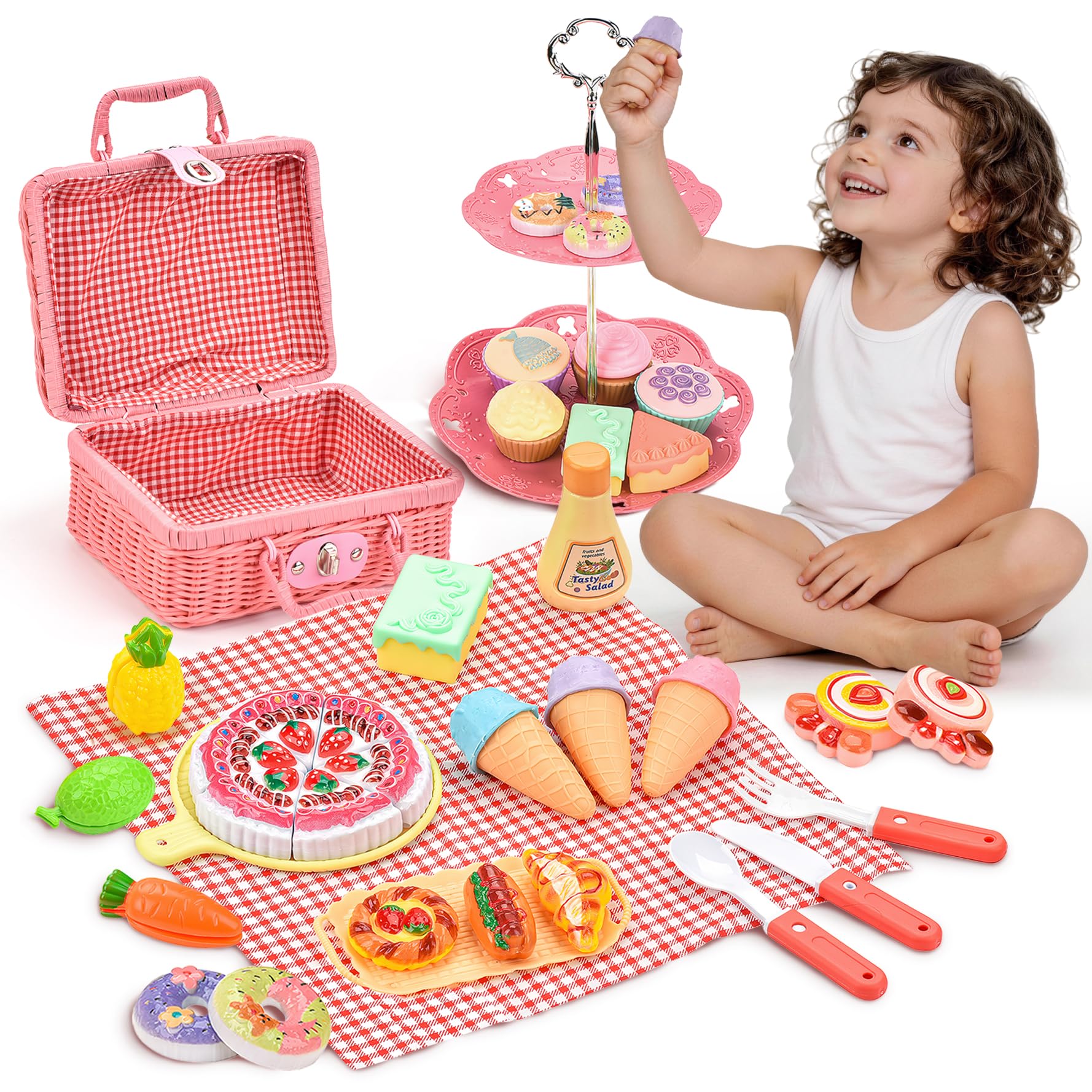 Kids Tea Picnic Toy with Woven Basket,Pretend Role Play Toy,Play Food Sets for Children,Mini Afternoon Tea Party Set,Gifts Presents for 3-12 Years Toddler Girls & Boys Children