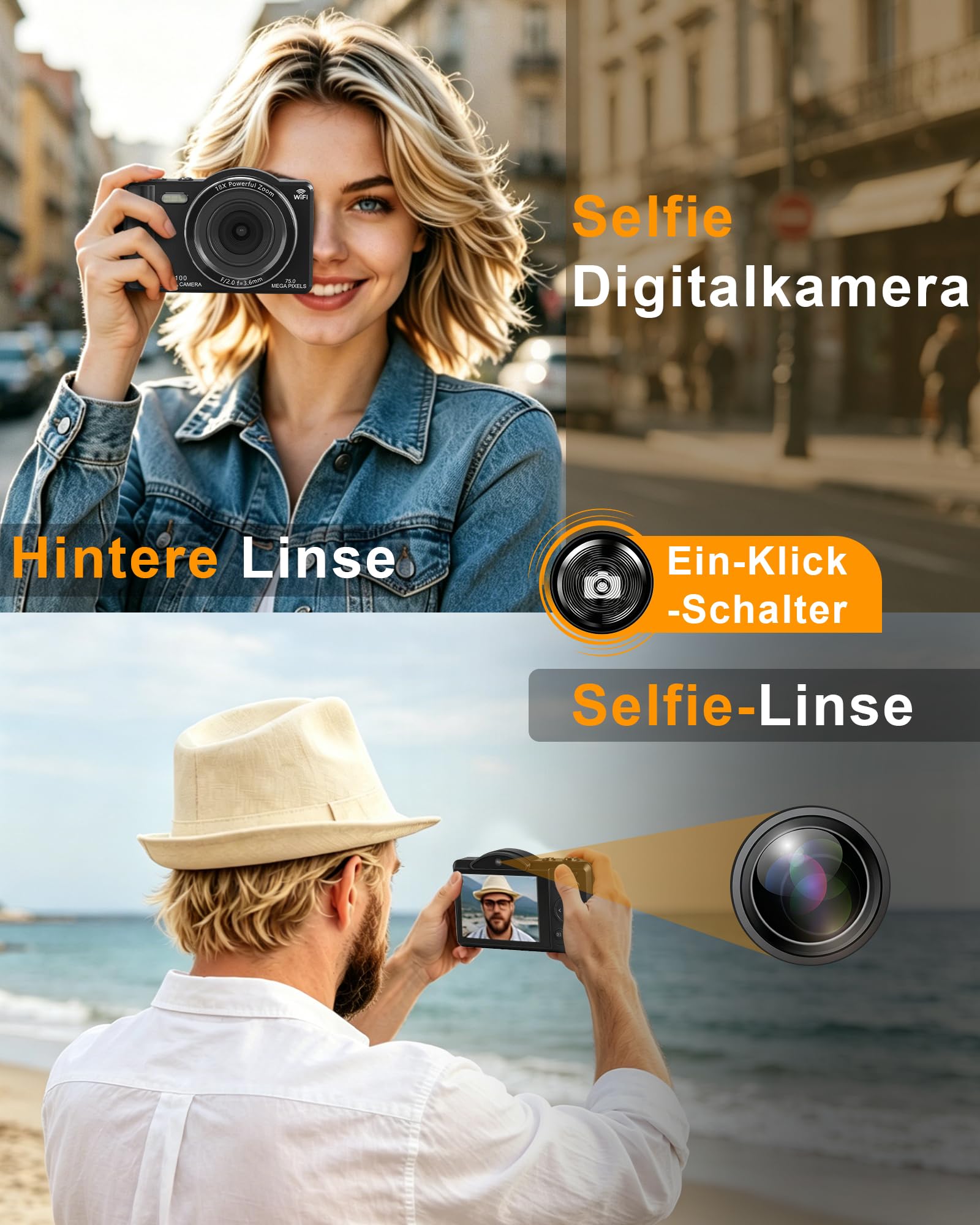 5K 80MP Digitalkamera Kamera, Digital Kamera für Vlog mit WLAN, 2.8" Kompakte Kamera für Anfänger, 18X Digitalzoom, Autofokus, mit 64GB Karte, 2 Akkus, Fotoapparat für YouTube Anfänger Erwachsene