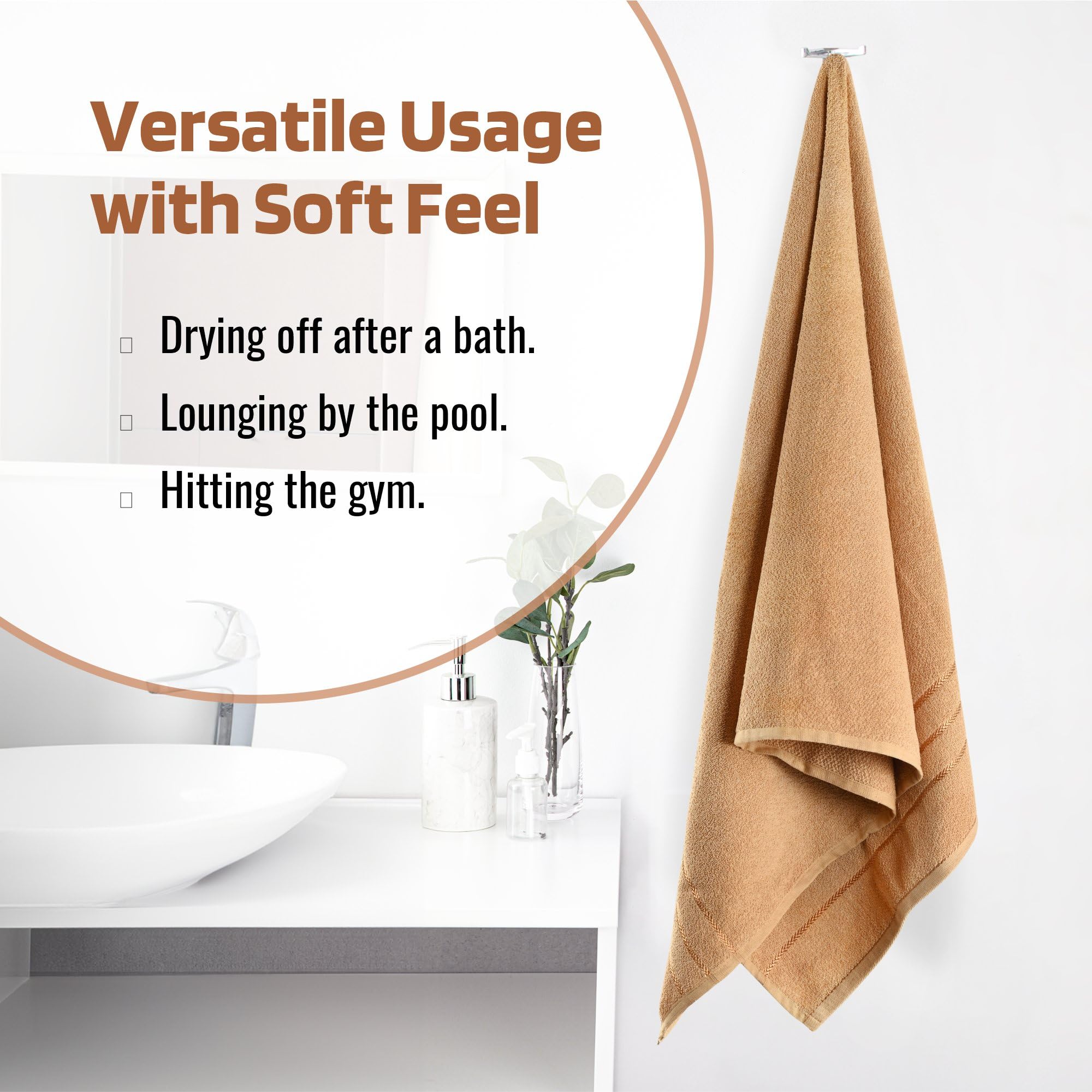 Urbane Home (Pack of 2) Bath Towel | 30x60 Inch | 144 GSM Cotton Unisex Bathroom Towel | Towel for Bathing | Towel for Bath-Gym-Travel-Beach-Pool | Towels for Bath | Plain Lining | Light Brown 2