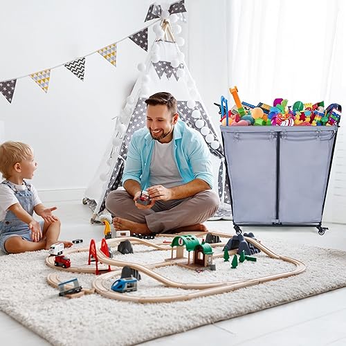 Miniatura 3 de Cesta clasificadora de lavandería de 2 secciones de 280 L con ruedas, cesta organizadora de lavandería con marco de acero resistente y bolsa