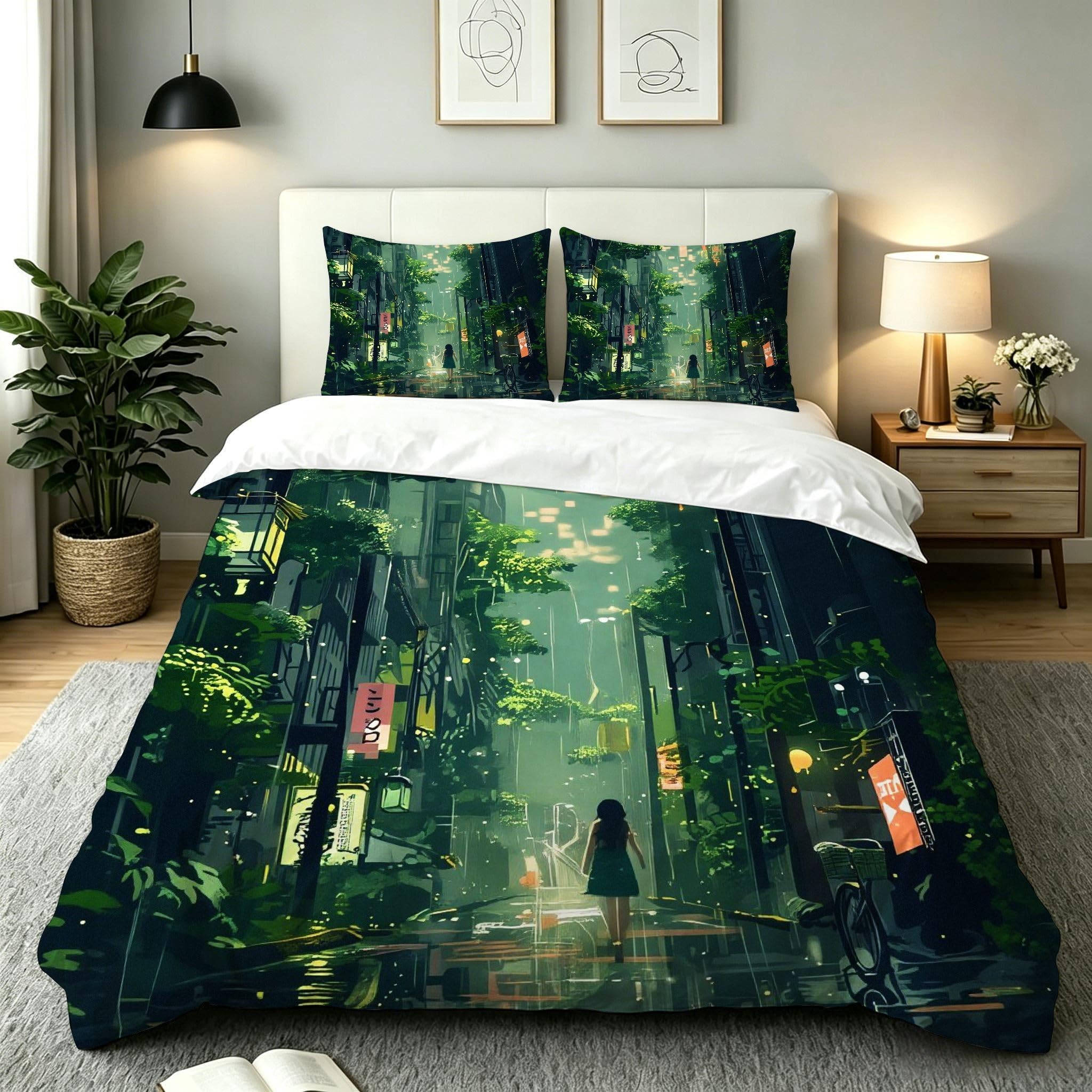 Copripiumino Matrimoniale Città Verde 260x240, ZW834 | Traspiranti Durevoli Microfibra, per Tutta la Famiglia, Matrimoniale, per Tutte le Stagioni, con 2 Federe 50x80 cm