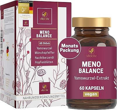 VITACTIV MenoBalance - Wechseljahre Pflanzlich - Nachtkerzenöl, Yamswurzel, Hopfen, Mönchspfeffer plus B Vitamine - Gegen Symptome - Hormonfrei & Vegan - 60 Menopause Kapseln