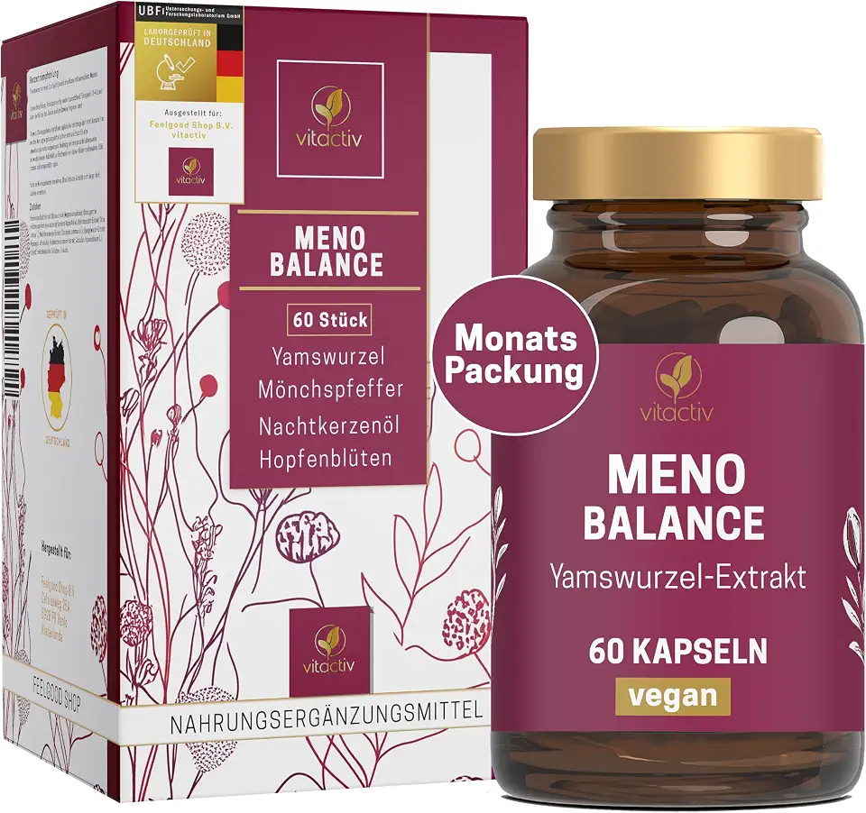 Verhütung in den Wechseljahren 1 VITACTIV MenoBalance - Wechseljahre Pflanzlich - Nachtkerzenöl, Yamswurzel, Hopfen, Mönchspfeffer plus B Vitamine - Gegen Symptome - Hormonfrei & Vegan - 60 Menopause Kapseln