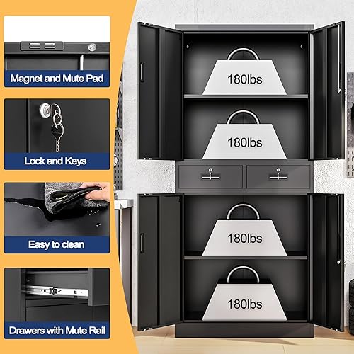 Miniatura 4 de Gabinete de almacenamiento de metal, gabinete de almacenamiento con bloqueo de 71 pulgadas con estantes ajustables y 2 cajones, gabinetes de acero