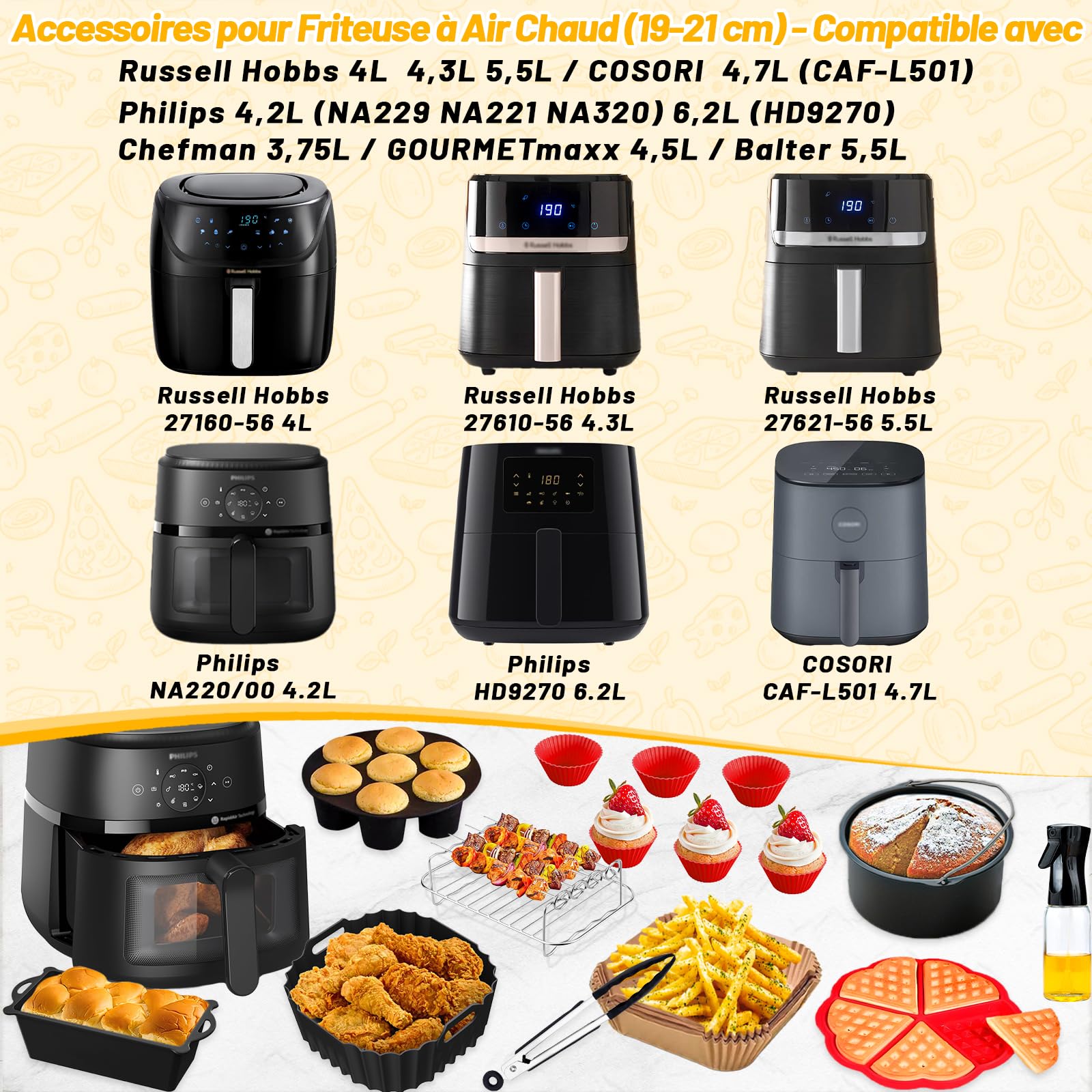 Moule Silicone Air Fryer - Accessoires Air Fryer pour Russell Hobbs 4 L, 4,3 l, 5,5 l, Philips 2000 Series NA220 NA229 4,2 l HD9270 6,2 l, avec Papier Sulfurisé, Moule à Gâteau, Spray à Huile, Grille