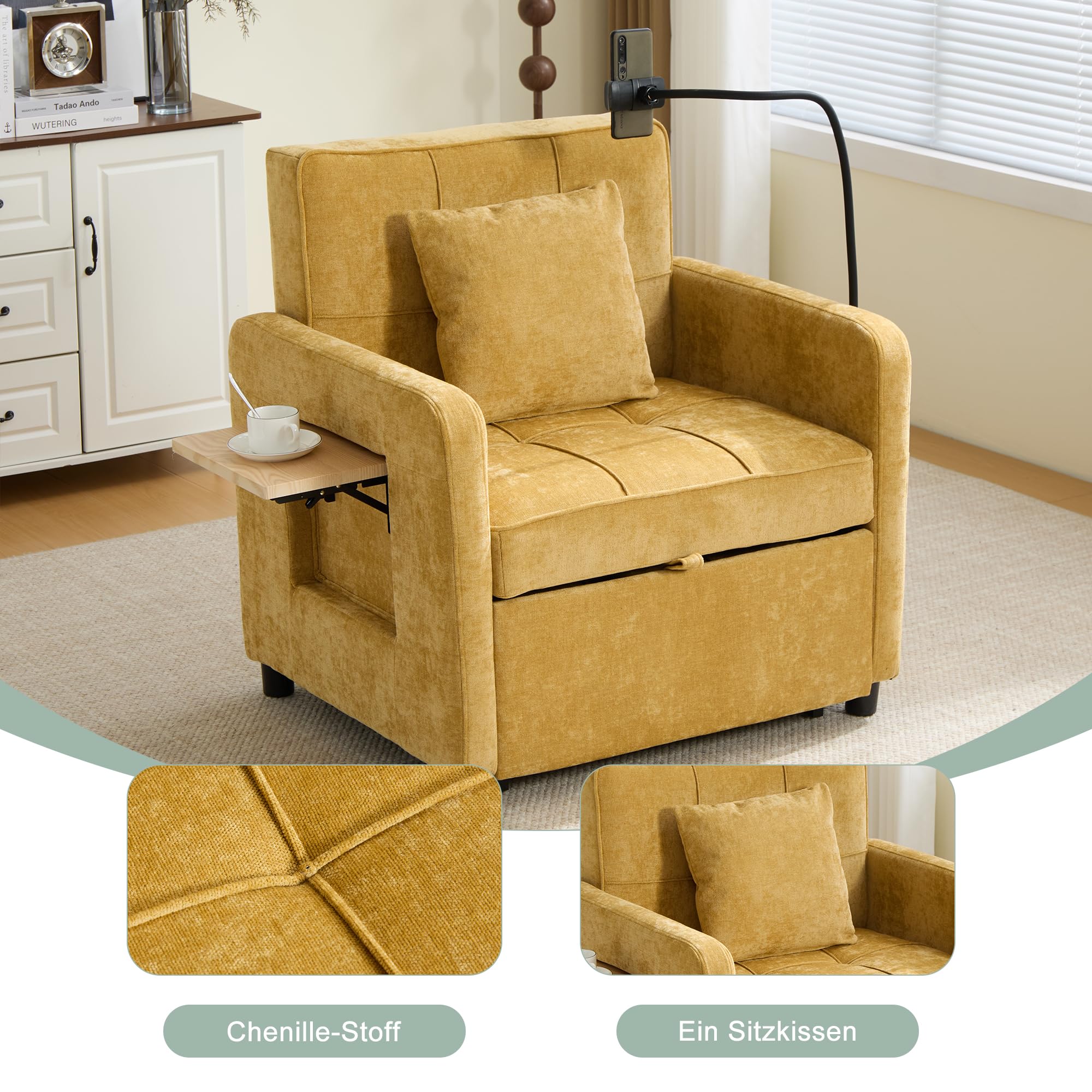 Sofá cama individual multifuncional de chenilla, sofá plegable con función de dormir, silla de sofá con mesa auxiliar pequeña y bolsa de almacenamiento, para salón y dormitorio, color amarillo