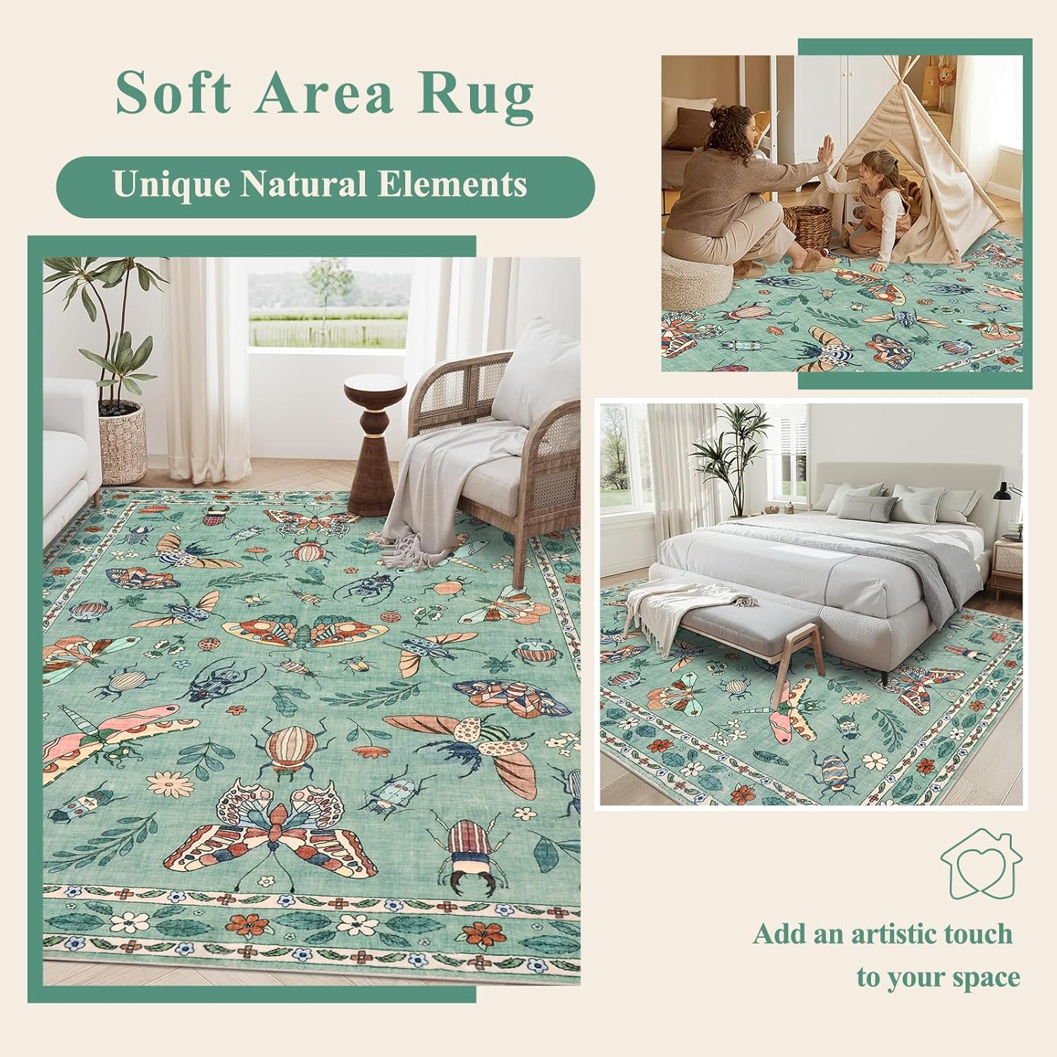famibay Washable Area Rug 6x9, Thin Floral Insect Printed Rugs for Living Room Stain Resistant Dining Room Rugs Under Table, Faux Wool Rubber Backed Farmhouse Carpet for Living Room(Green)