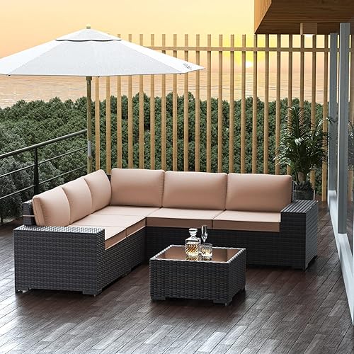 Outdoor Patio Furniture Set, 6 Pieces Outdoor Furniture All Weather Patio Sectional Sofa PE Wicker Modular Conversation Sets with Coffee Table,5 Chairs & Seat Clips Brown