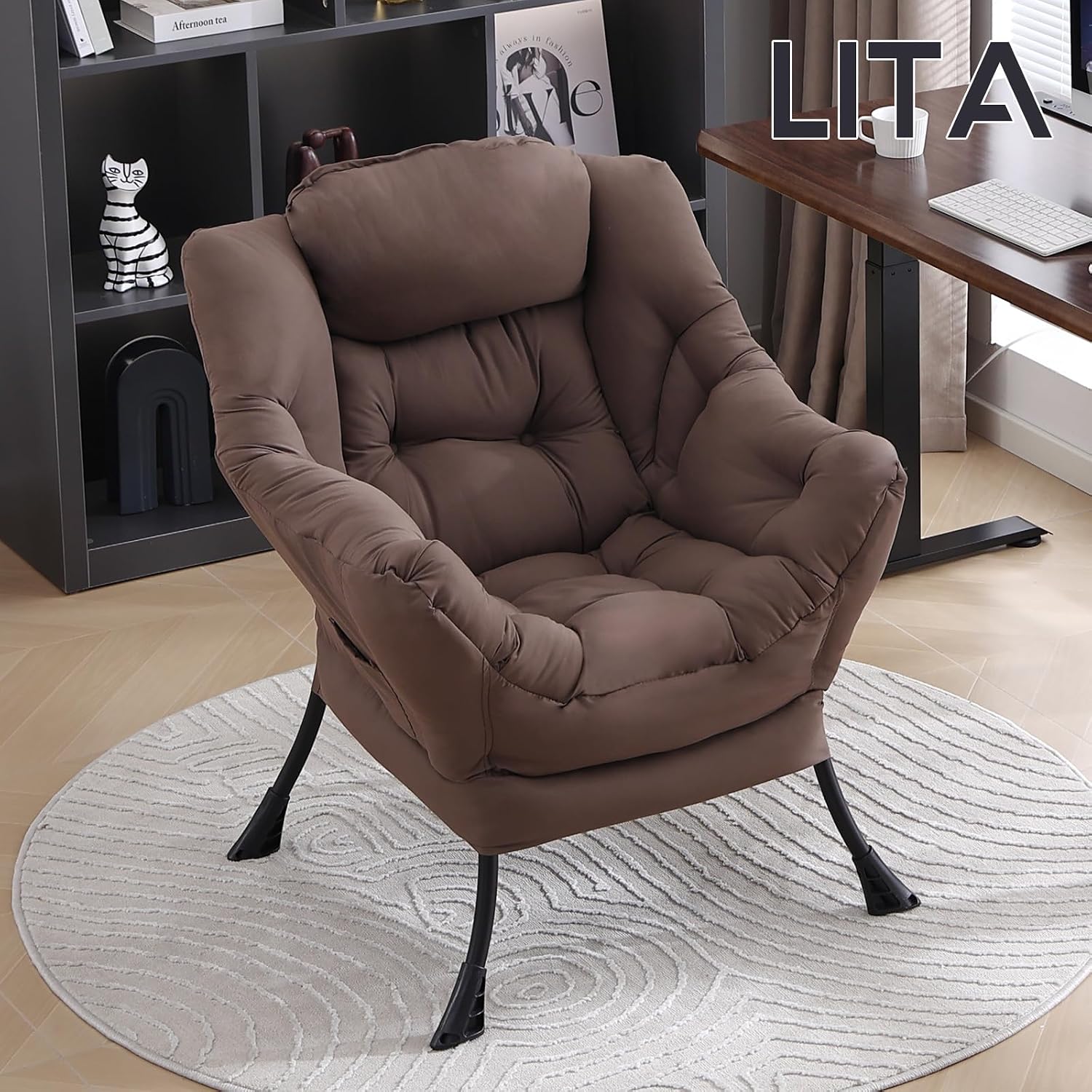 LITA Lazy Chair with Armrests and Side Pocket, Modern Upholstered Accent Reading Chair for Living Room, Bedroom, Dorm, Small Spaces, Single Dark Brown
