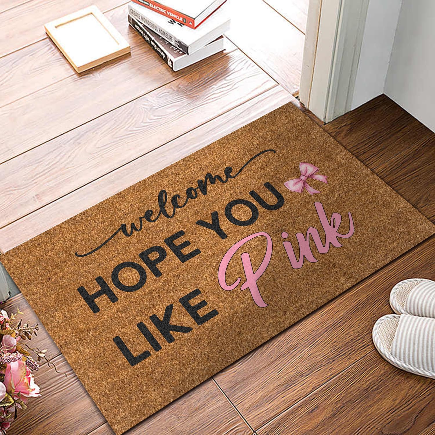 Hope You Like Pink Mat, Welcome Pink Bow Doormat, Watercolor Pinky Bow Welcome Doormat, Pink Bow Ribbon Coquette Doormat Gift, Entrance Doormat Home Porch Decor Entry Floor Mats Nonslip Washable Rug