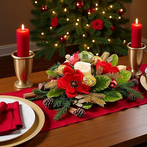 Miniatura 3 de Centro de mesa de 18 pulgadas con portavelas LED sin llama, diseño con magnolia artificial roja, bolas doradas y ramas de abeto para decoración