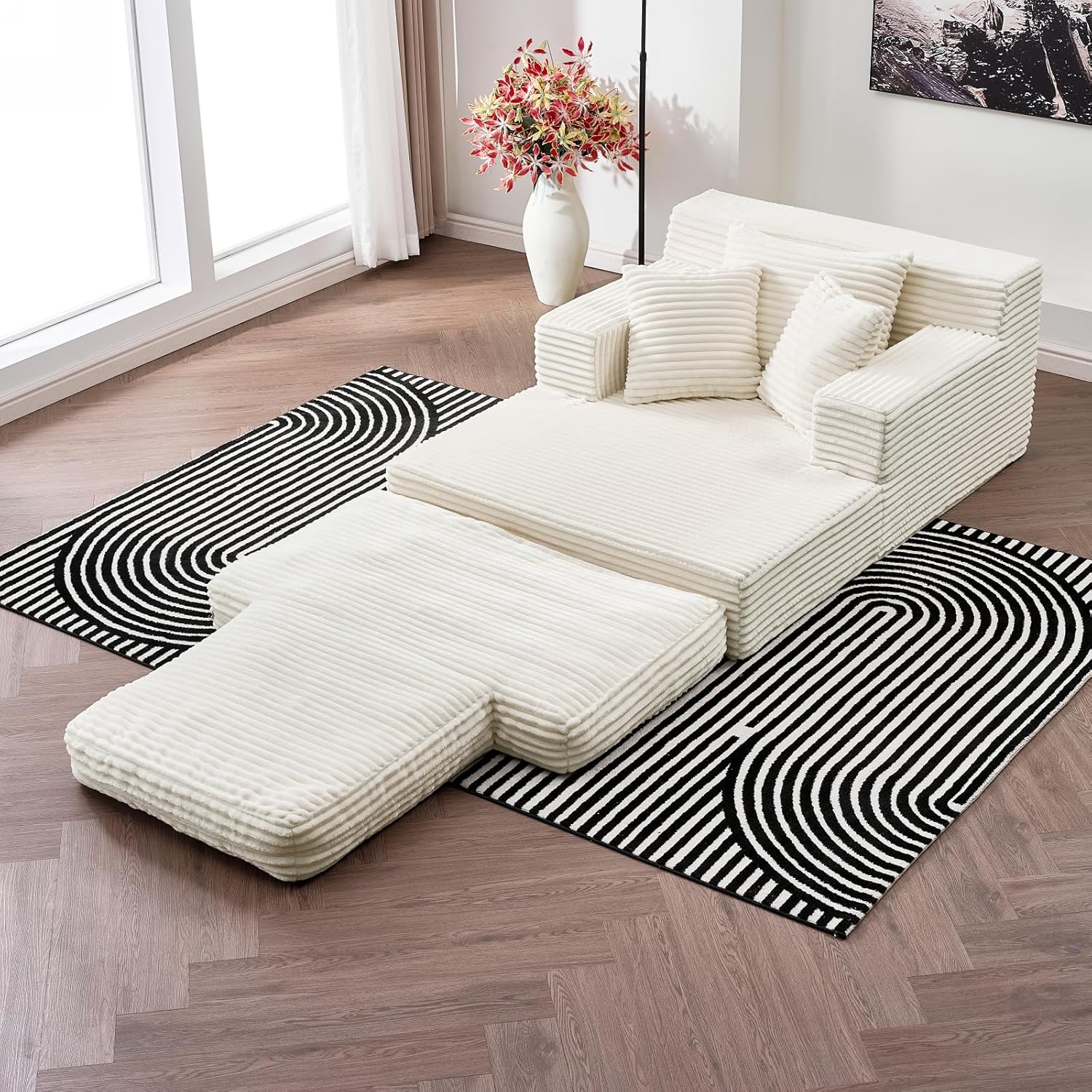 Oversized Chaise Lounge Chair Indoor, 67" Boneless Couch & Cloud Couch with Corduroy Upholstered, Deep Seat Sleeper Sofa Bed No Assembly Required for Living Room, Apartment (Beige)