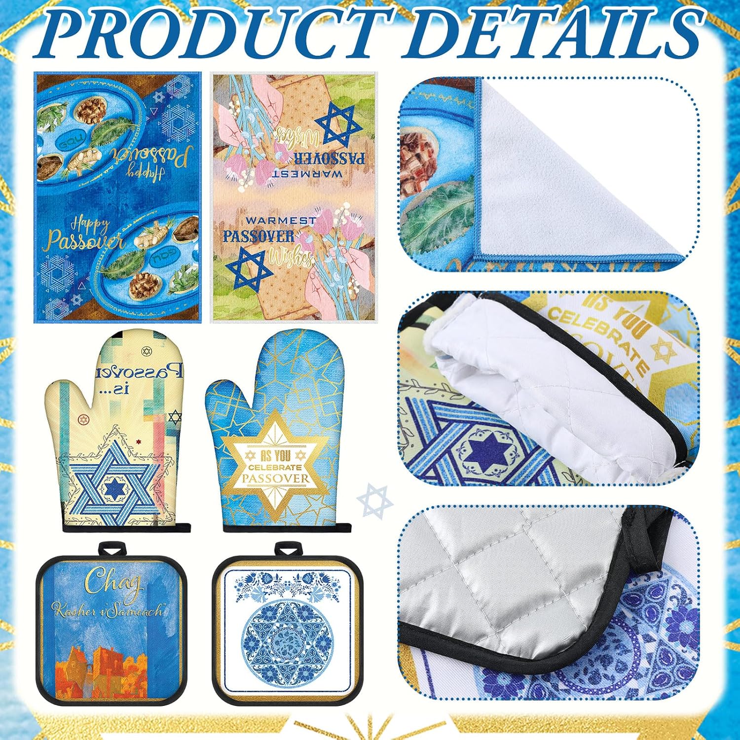 HunnmingRe 6 Pcs Passover Kitchen Accessories Sets Gifts Passover Kitchen Towels Oven Mitts Pot Holders Jewish Seder Decoration Pesach Hostess Gifts for Women Men Cooking Baking Dining Holiday Present