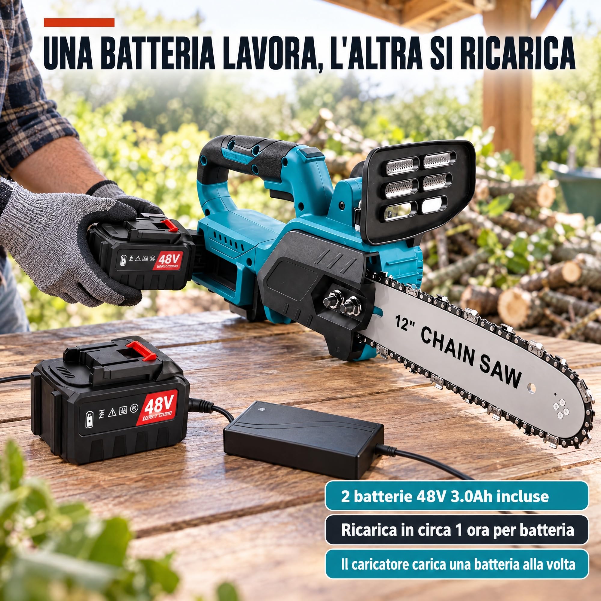 Motosega a Batteria Brushless 1500W con 2 Batterie 48V, Barra 30 cm