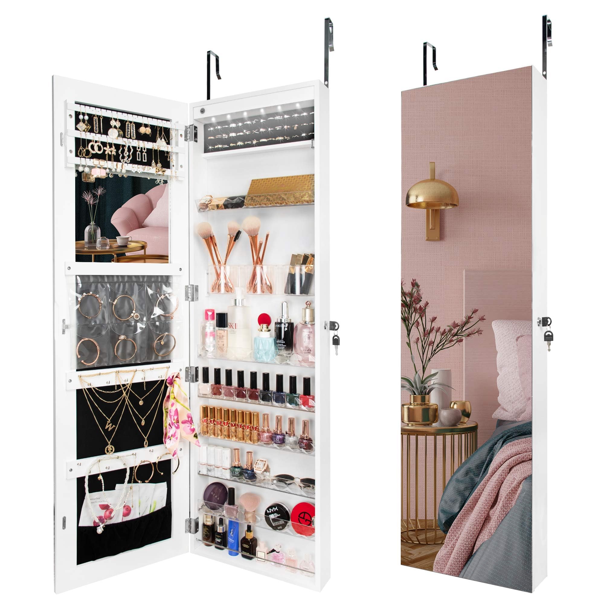 Ezigoo Full-Length Mirror Jewelry Cabinet with Storage – LED Lighted, Lockable, and Versatile Wall-Mounted Design 120cm