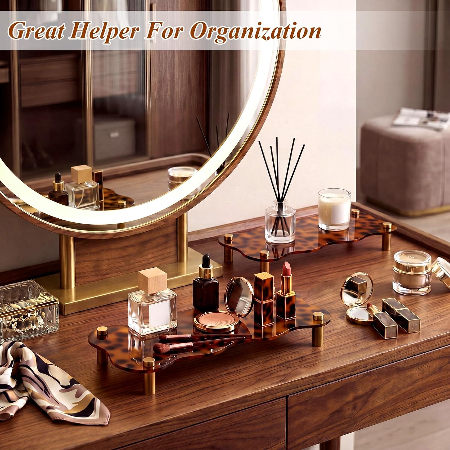 2 Pcs Tortoise Shell House Decoration Tortoise Shell Bathroom Tray Rack with Gold Metal Legs Bathroom or Bedroom Storage Excellent for Displaying Jewelry or Perfume 11 x 4.3 x 1.4(Scalloped)