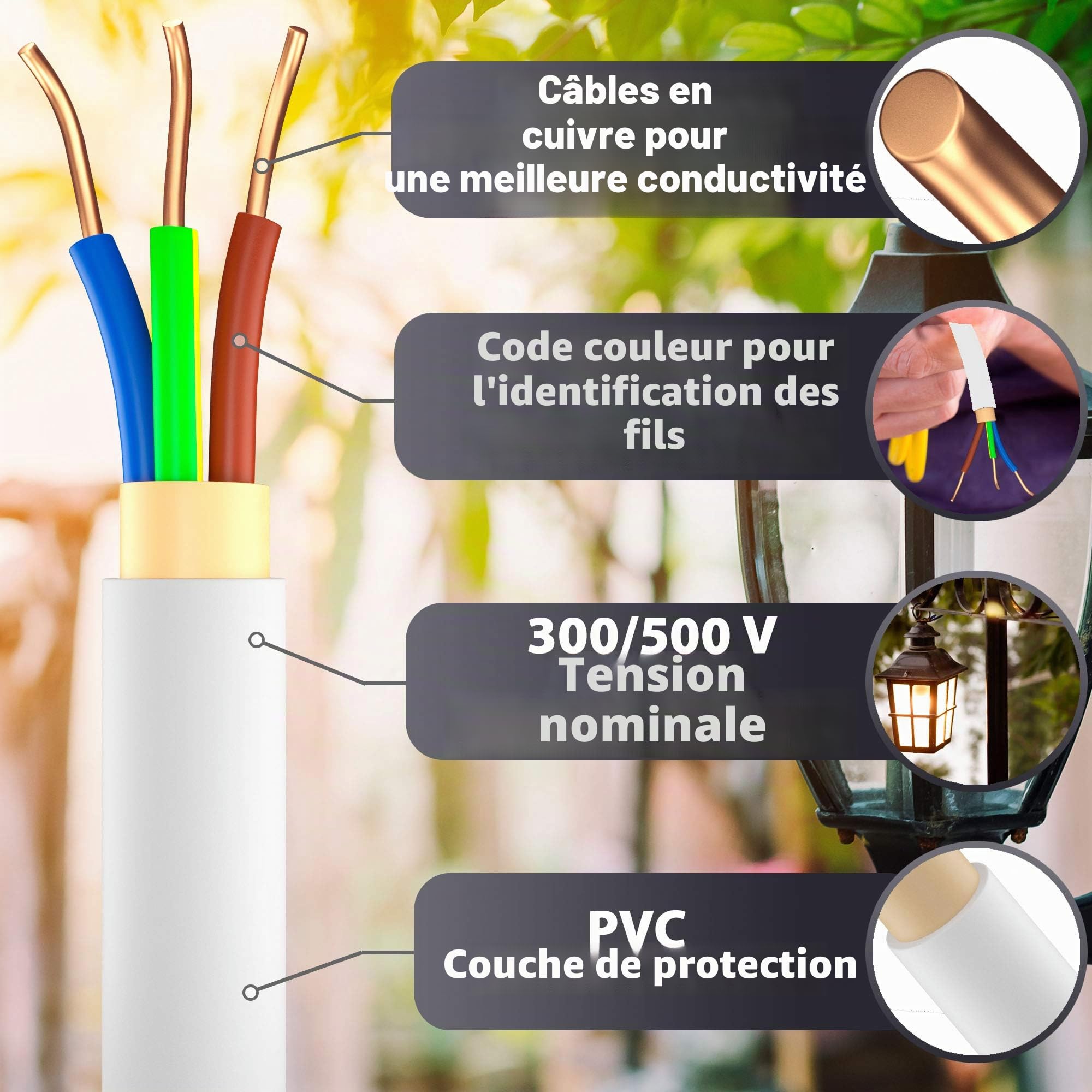 Câble d'alimentation NYM-J pour pièces humides de 5, 10, 15, 20, 25, 30, 35, 40, 50, 60, 70, 75, 80, 90 ou 100 m, Câble électrique gainé NYM-J 3 x 2,5 mm², Anneau pour une pose fixe (15 m)