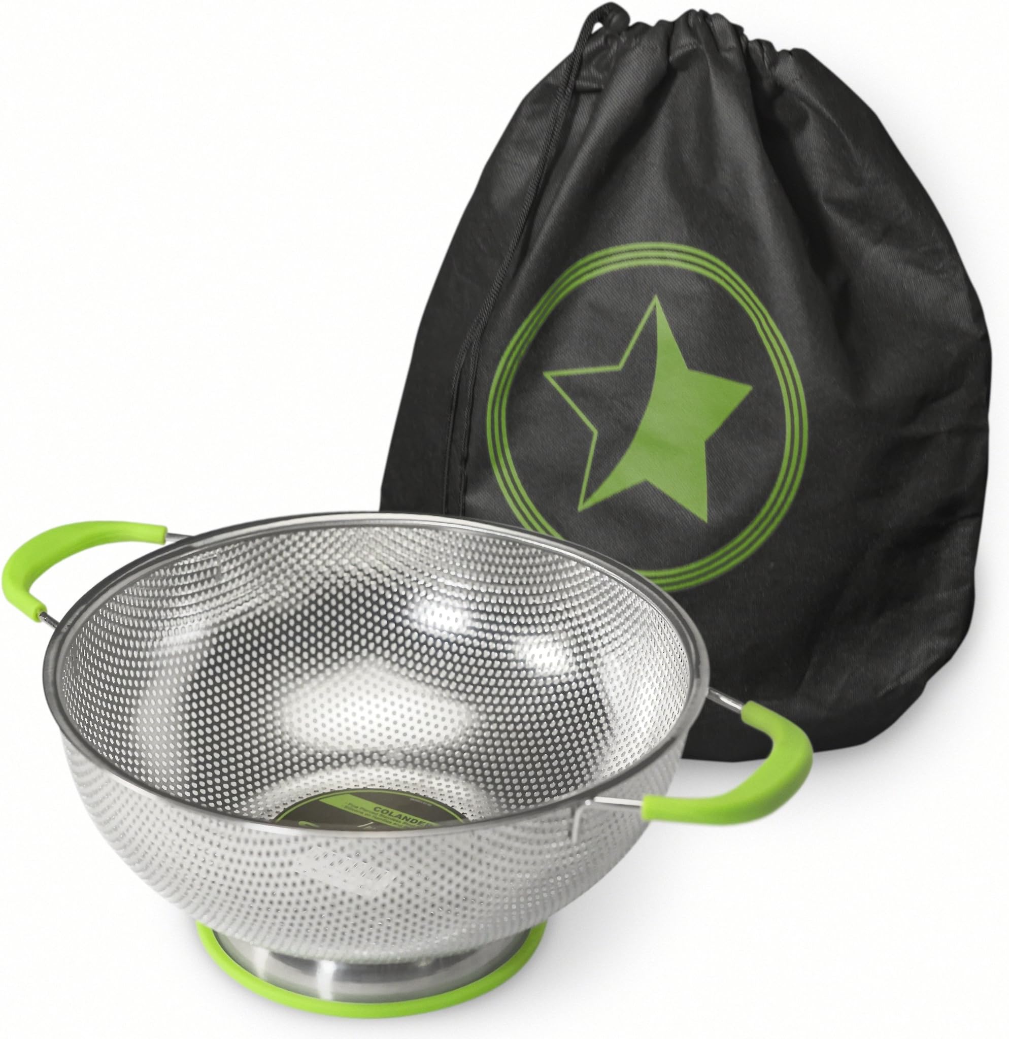 Starkeenโs Stainless Steel 5-quart Colander, Professional Eco-friendly Strainer Bowls with Food Grade Green Silicone on Handles and Ring Base for a Healthier Lifestyle, Available in 4 Colors