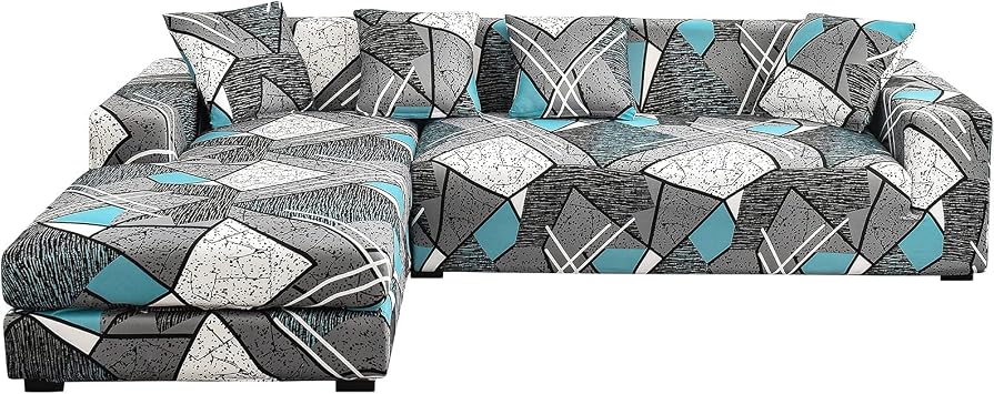 ShowyLive Sofa Cover Couch Cover Set of 2 for Corner Sofa L-Shape Sofa Cover 3 Seater + 3 Seater with 4 Pieces Cushion Covers Blue Gray