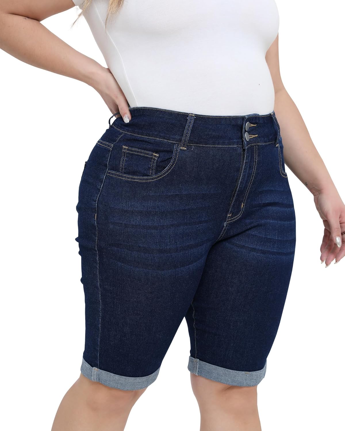 Womens Plus Size Jean Shorts High Waisted Stretchy Midi Bermuda Denim Shorts - Image 4