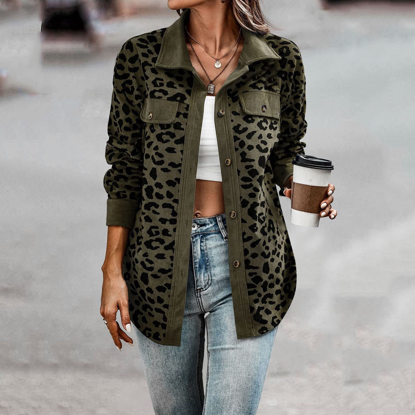 Generisch Damenbekleidung Damen Button-Down-Hemden mit Langen Ärmeln, übergroße Cordhemden mit Leopardenmuster, Lange Ärmel, Jacken, Mäntel mit Taschen Damen Mantel Hochzeit (Army Green, S)
