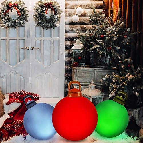 Miniatura 6 de Jetec 3 piezas de bolas de Navidad iluminadas al aire libre, grandes bolas inflables de PVC decoradas con luz y control remoto, bolas de adornos de