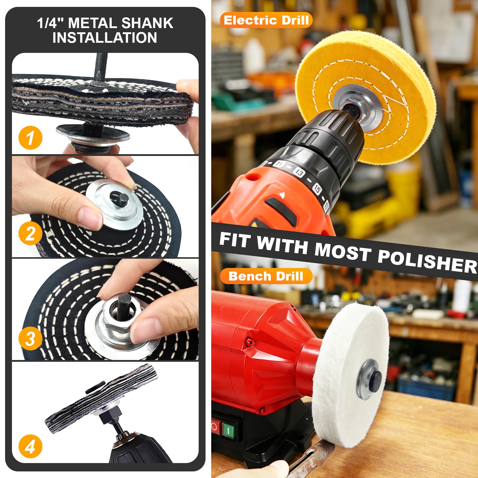 Kit da 8 Pezzi di Ruote Lucidanti da 100 mm – 4 Dischi Abrasivi con 3 Paste Lucidanti e Adattatore, Foro da 1/2" (12,7 mm), per Levigatrice a Banco, Trapano e Avvitatore (12)