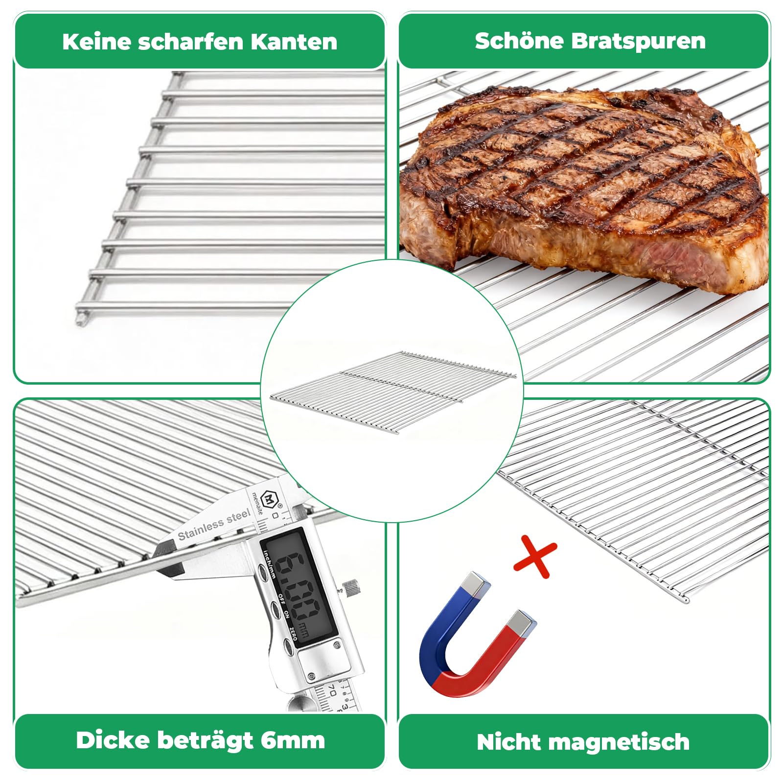 WELL GRILL Ruszt do grilla BBQ Toro, 3-punktowy, ruszty ze stali nierdzewnej, części zamienne do wszystkich palników gazowych 64 x 52 cm, 60 x 48 cm