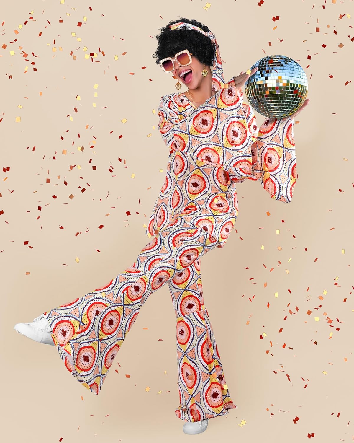 Jexine 7 Pcs 60s 70s Disco Outfits for Women Disco Party Costume Set Top Pants Sunglasses Ball Necklace Earring Wig Halloween - Image 5