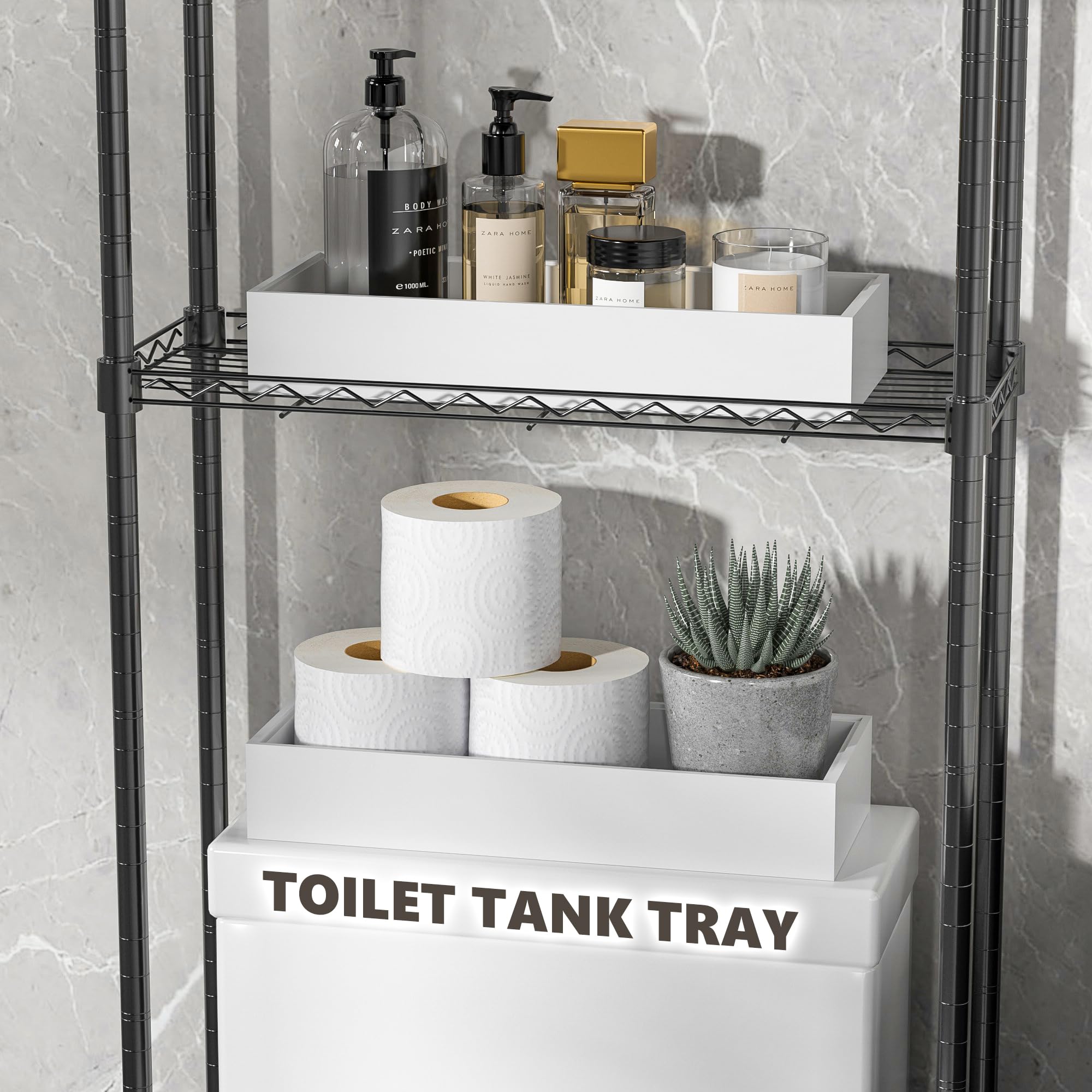 Almacenamiento de papel higiénico blanco, bandeja de bambú para organizadores y almacenamiento de baño, cesta de tanque de inodoro profundo, bandeja apilable de madera para decoración de