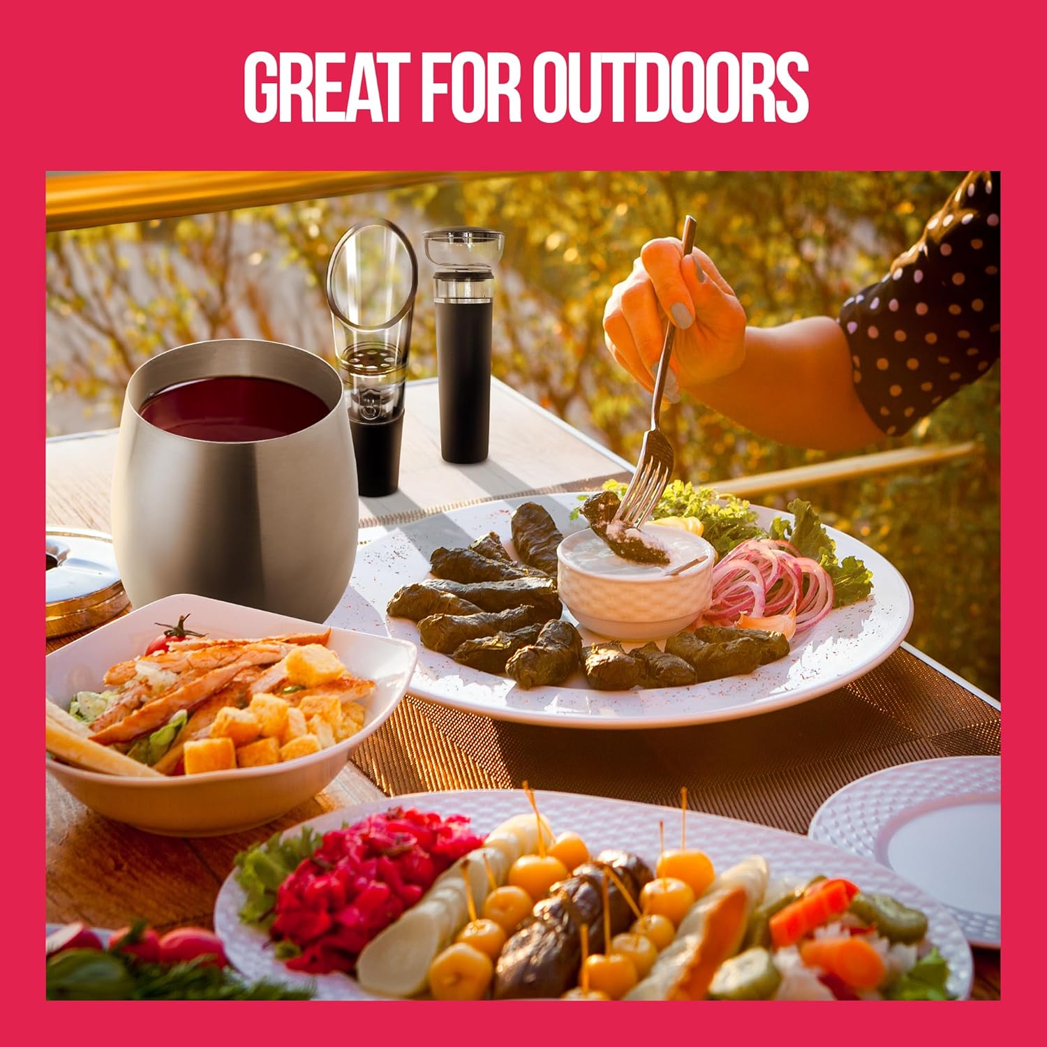 TenTen Labs Stainless Steel Stemless Wine Glasses (Set of 2) with Wine Aerator and Stopper - 18oz - Unbreakable Wine Glass for Outdoors, Travel, Camping and Pool - Brushed Silver - Image 5