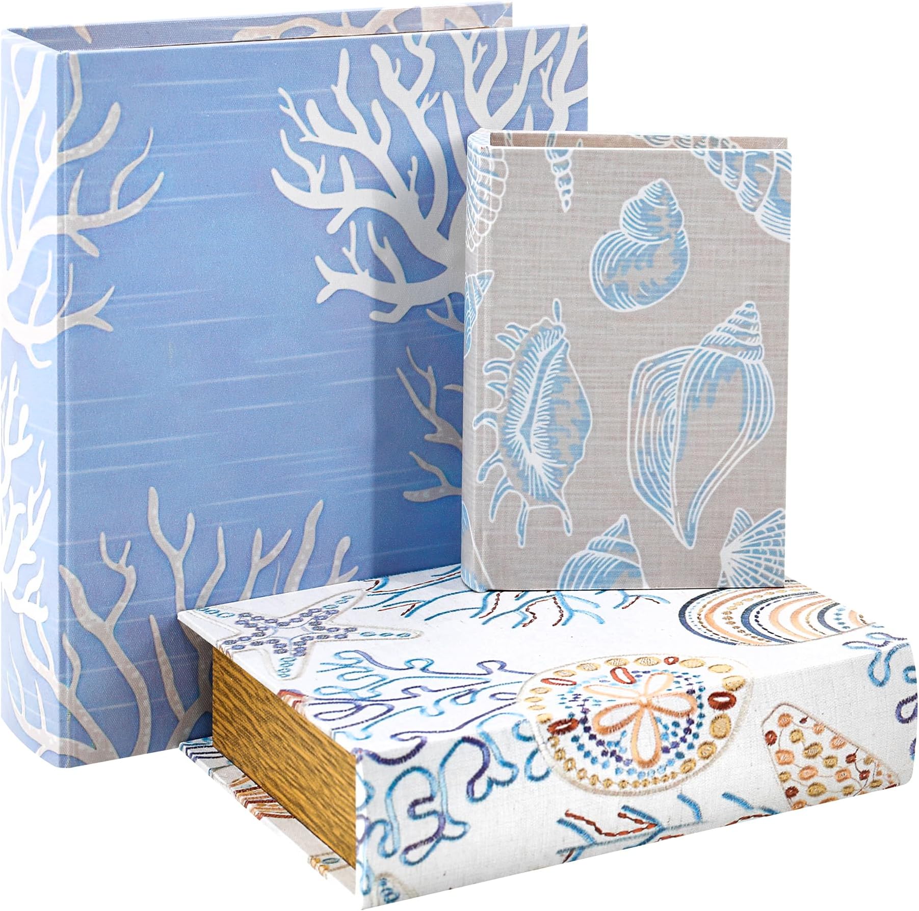 Jolitac Wooden Decorative Book Boxes 3 Pack - Vintage Style Secret Storage Boxes Handcrafted Wooden Storage Containers with Rustic Magnetic Closure for Jewelry & Keepsakes (Blue Ocean)