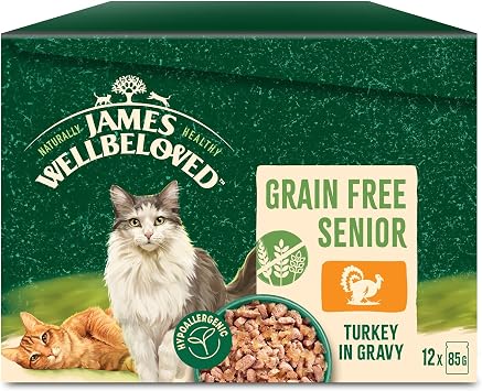 James Wellbeloved Senior Grain Free Turkey in Gravy 12 Pouches, Hypoallergenic Wet Cat Food, Pack of 1 12 x 85 g