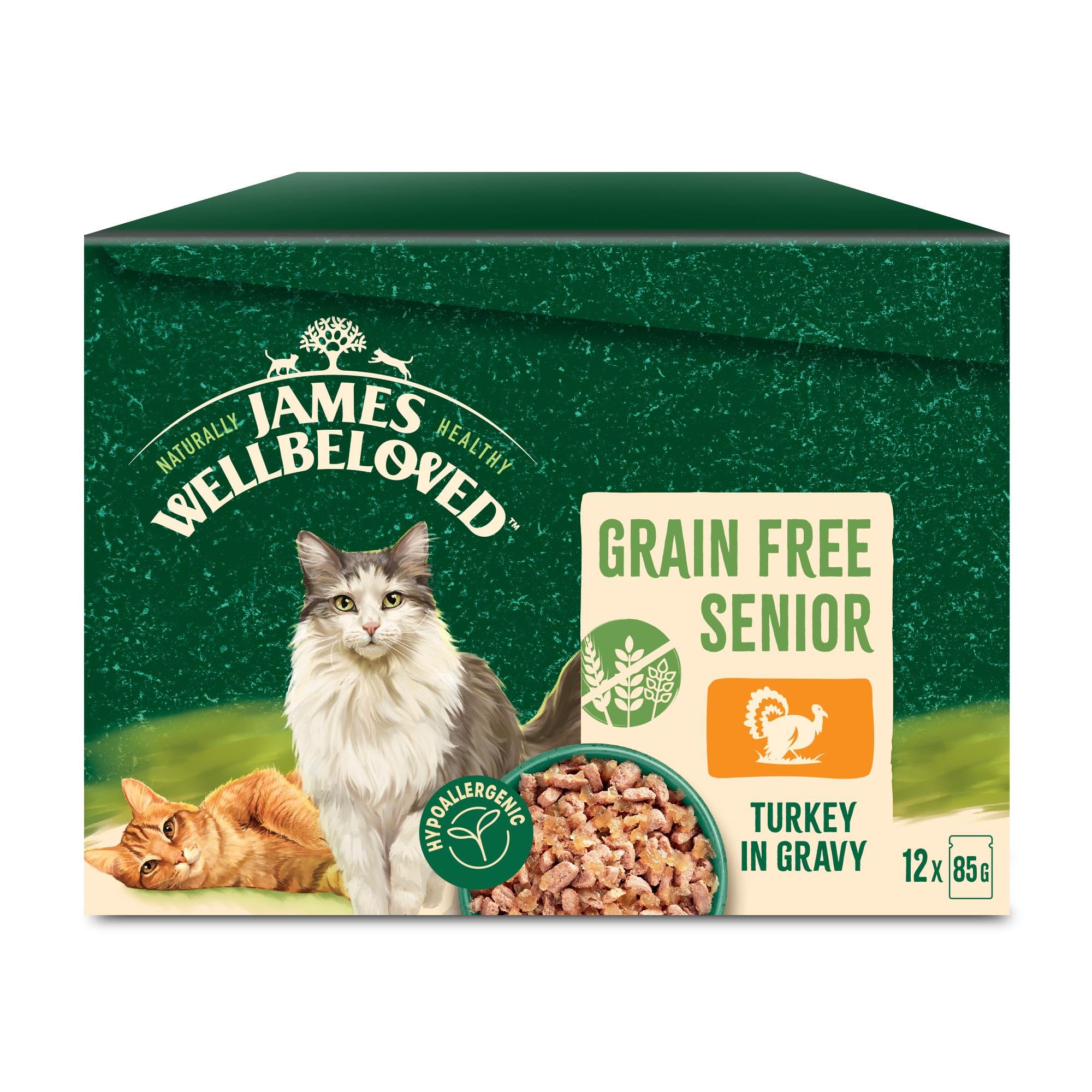 James Wellbeloved Senior Grain Free Turkey in Gravy 12 Pouches, Hypoallergenic Wet Cat Food, Pack of 1 (12 x 85 g)