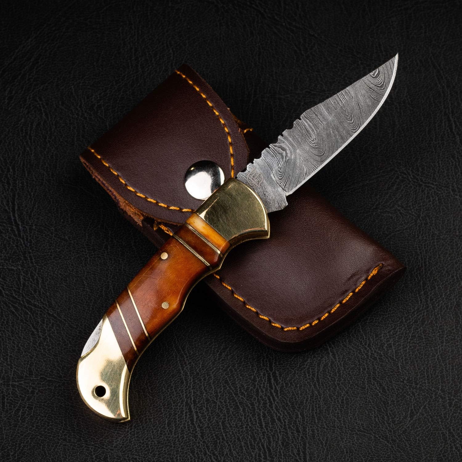 Forseti Steel Hemingway Damascus Steel Folding Knife – 6.5” Traditional Lockback Pocket Knife with Stained Bone and Polished Brass Handle