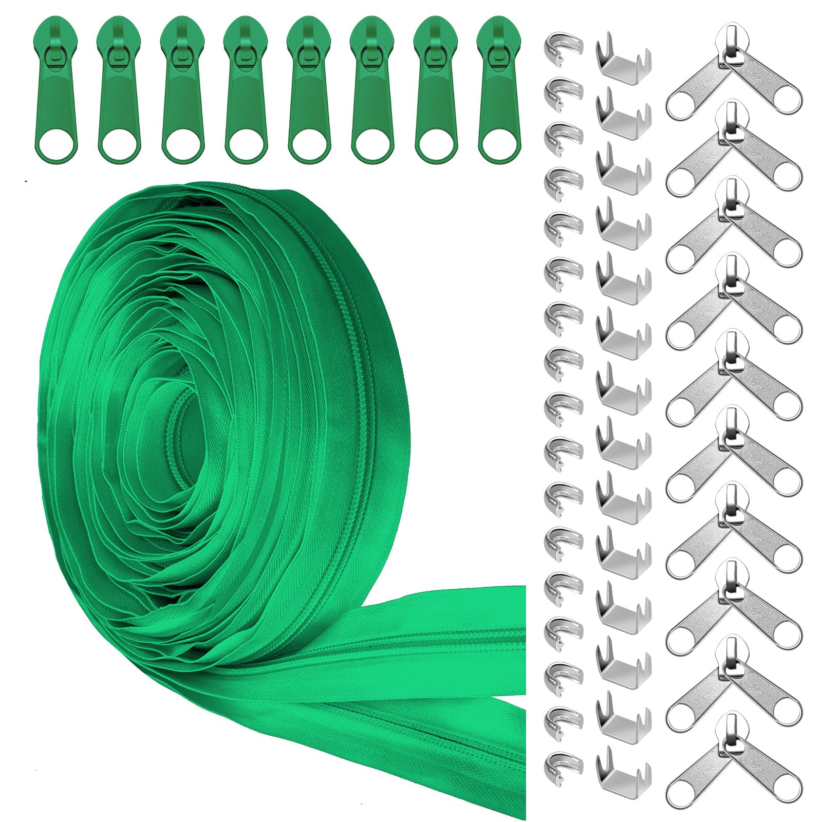 Glarks 81pcs Green #5 Nylon Coil Zipper Tape Includes 1pcs 10Yards Sewing Zipper Roll with 10pcs Metal Zipper Sliders 10pcs Double Zipper Sliders 40pcs Top Stops 20pcs Bottom Stops