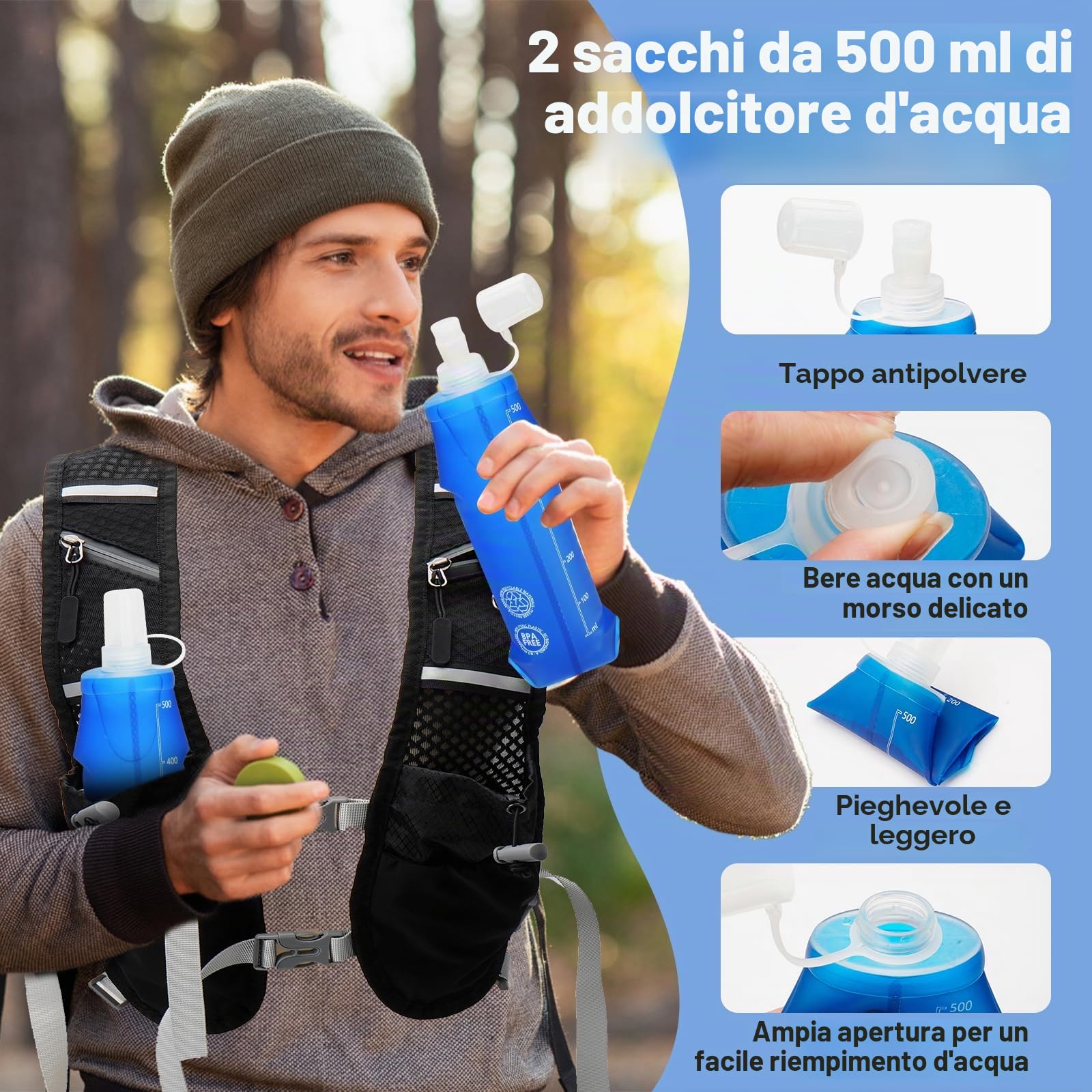 Gilet Running Super Leggero con 2 Borraccia Morbida 500ml, Zaino Trail Running per Uomo e Donna, Cinghie Pettorali Regolabili, Riflettente Traspirante per Corsa Maratona