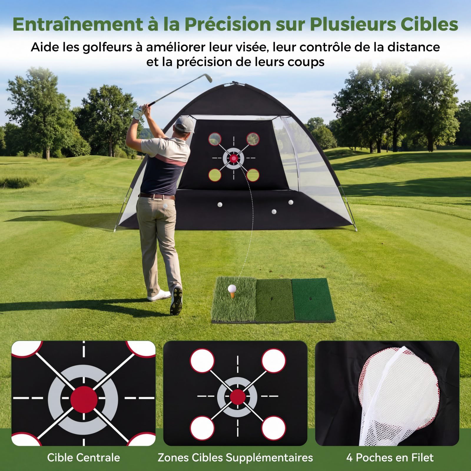 COSTWAY Filet de Golf 3x2M avec Cible Multiples, Filet d'Entraînement de Golf avec Tapis de Frappe Balles Tee Piquets Sac Transport, Intérieur&Extérieur au Drive Chip Swing, Débutant&Golfeur