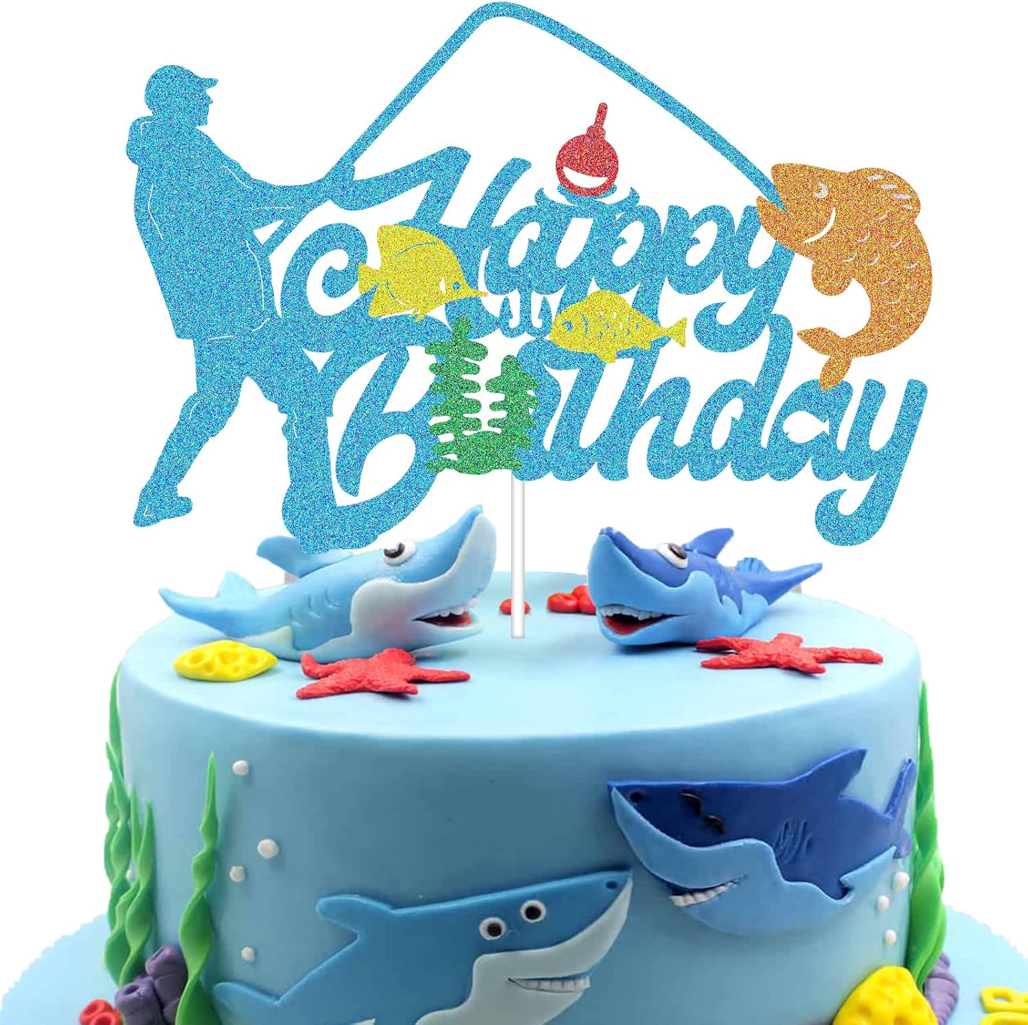 GLOVELY'S Gone Fishing Happy Birthday Cake Topper Glitter Fishing Theme Double