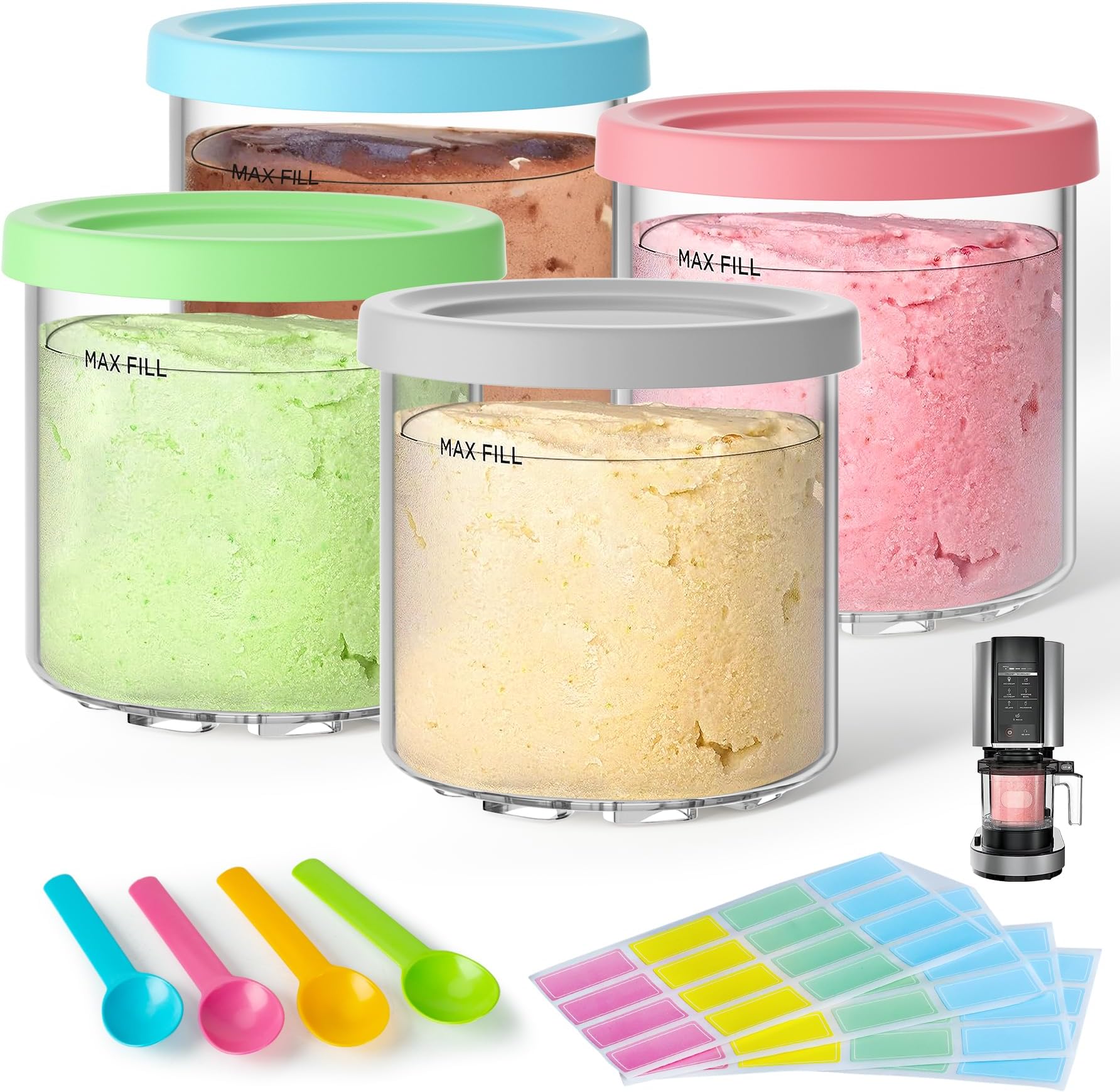 4 Pack Creami Pint Containers and Lids for Ninja, Compatible with Ninja NC299 NC300 NC301 Series Creami Maker Maker Machine Accessories, BPA Free & Dishwasher Safe, Assorted Colors