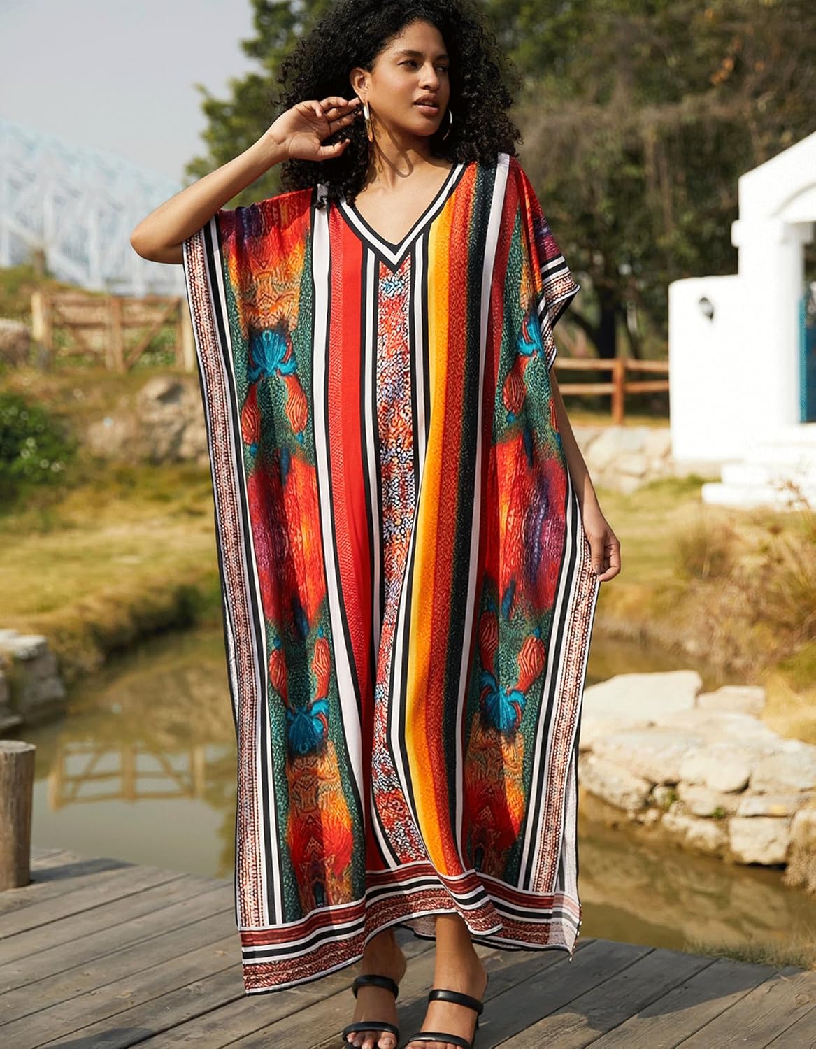 Kaftan Dresses for Women Side Split Caftan Bathing Suit Cover Up Casual Long Beach Loungewear Dress - Image 2