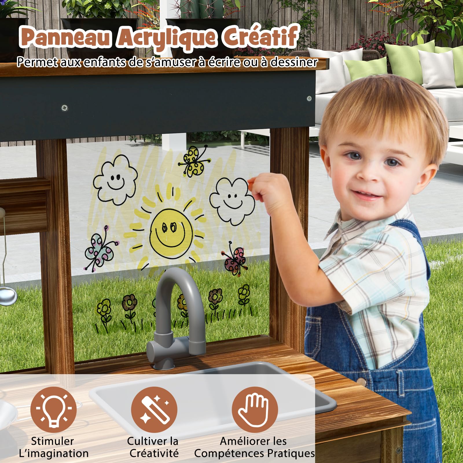 DREAMADE Cuisine de Boue, Jouet de Cuisine pour Enfants avec Évier Amovible, Robinet, Double Réchaud, 4 Pots de Plantation et Tableau Acrylique, Cuisine d’Extérieur en Bois pour Enfants de 3+ Ans