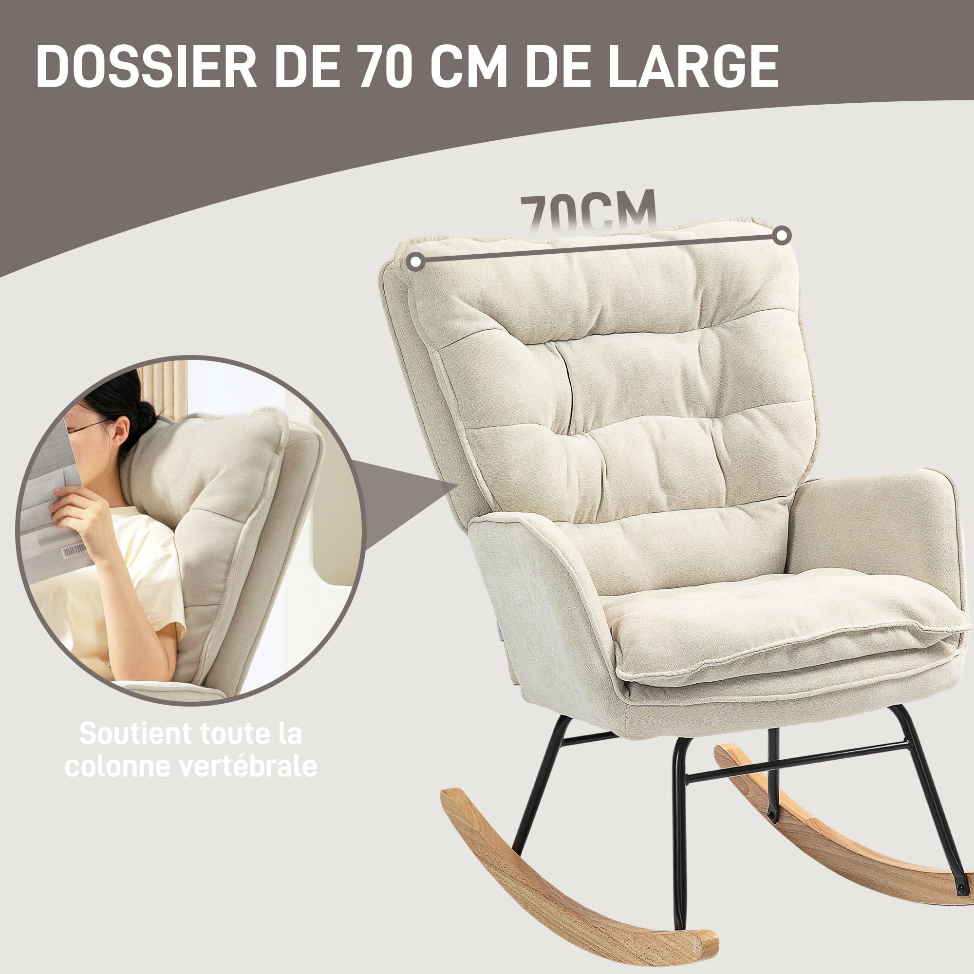 HOMCOM Fauteuil à Bascule, Rocking Chair en Chenille, Chaise à Bascule avec Dossier et Assise Larges rembourrés, accoudoirs, Base en Bois de hêtre, pour Salon, Chambre, Beige