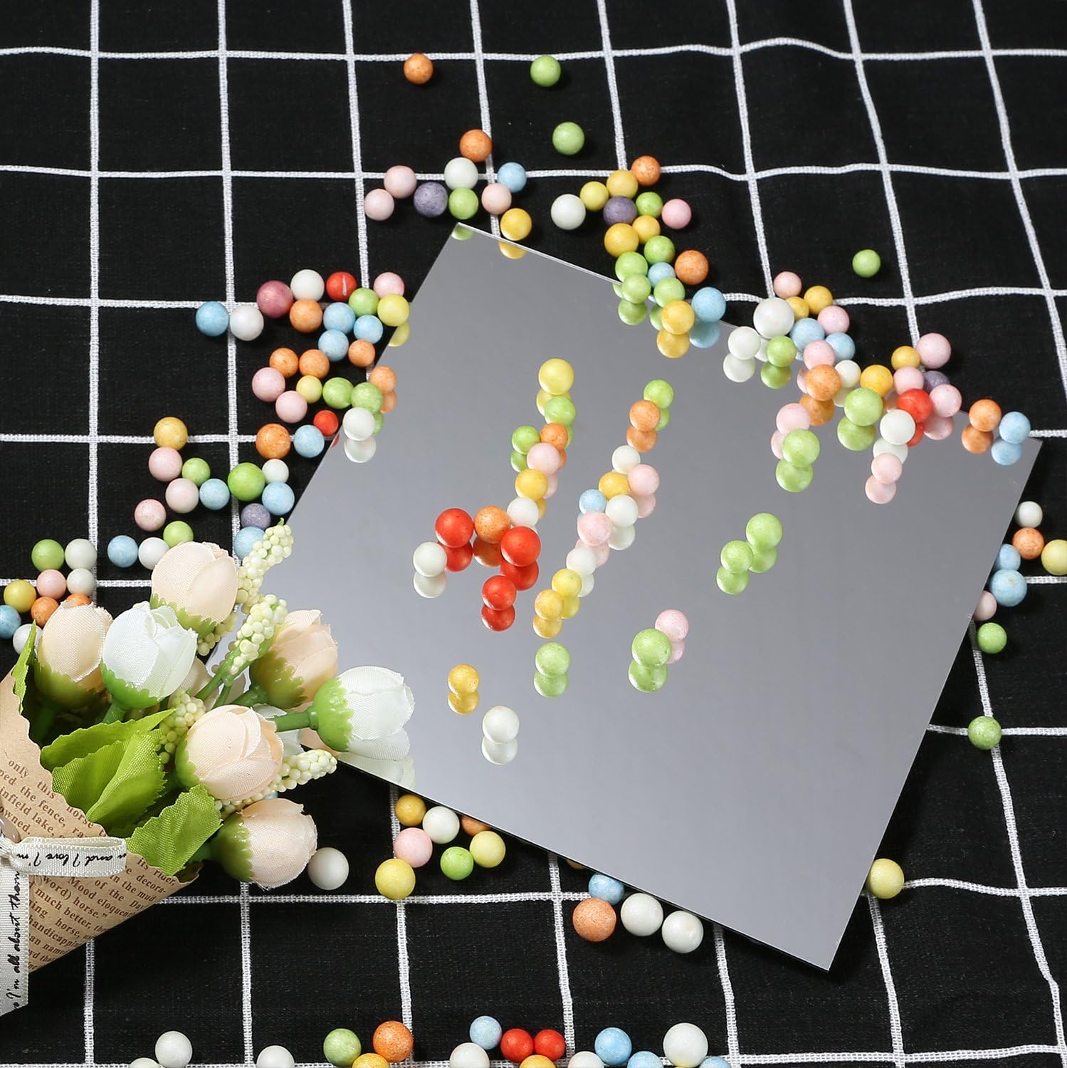 Aneco 24 Sheets Flexible Mirror Sheets Mirror Wall Stickers Self Adhesive Plastic Mirror Tiles for Home Decor (The Blue Film Needs to be Peel Off)