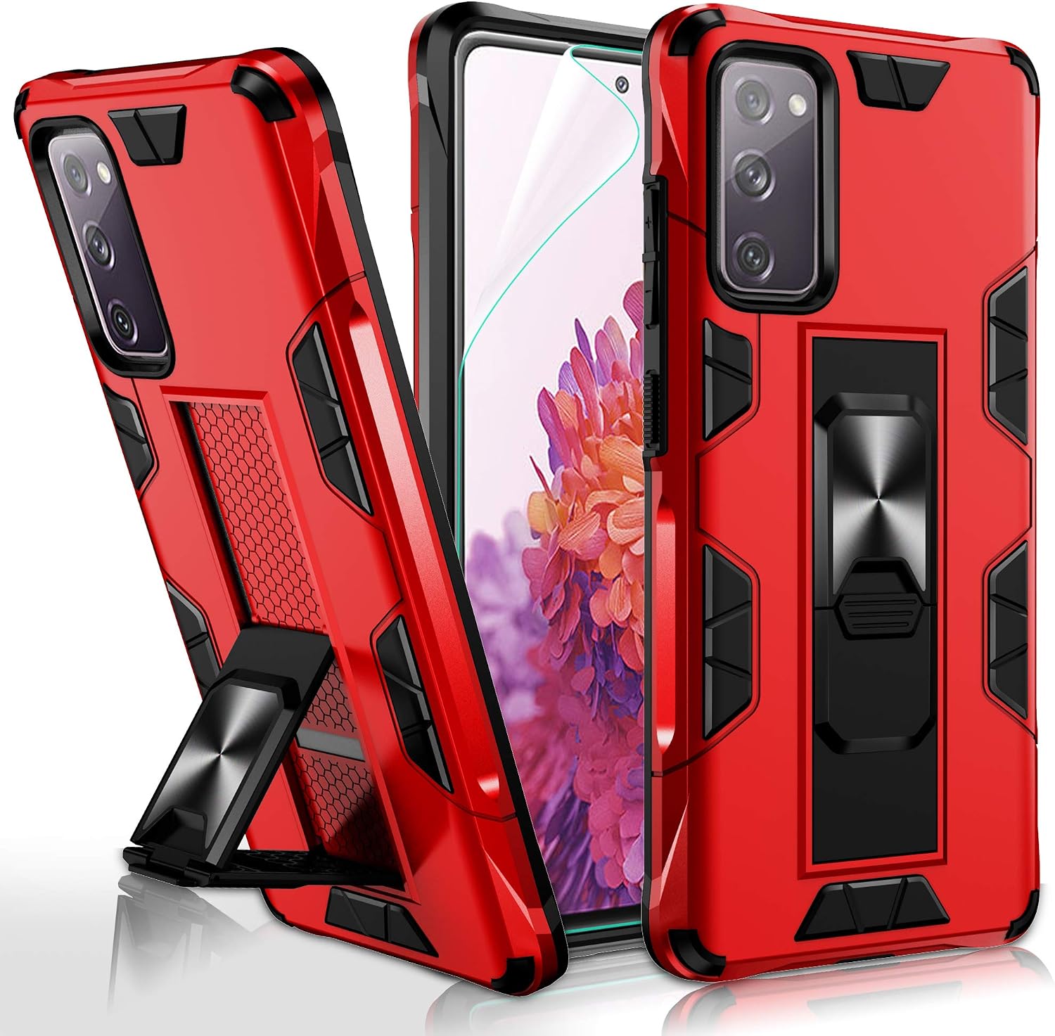 Compatible for Samsung Galaxy S20 FE Case with HD Screen Protector, Gritup Military Grade Dual Layer Protective Shockproof Built-in Magnetic Kickstand Phone Case for Samsung Galaxy S20 FE 5G, Red