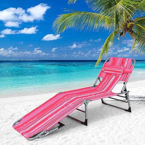 Miniatura 2 de COSTWAY Silla de playa plegable, silla de bronceado con orificio para la cara, respaldo ajustable de 5 posiciones, almohada y bolsillo lateral,