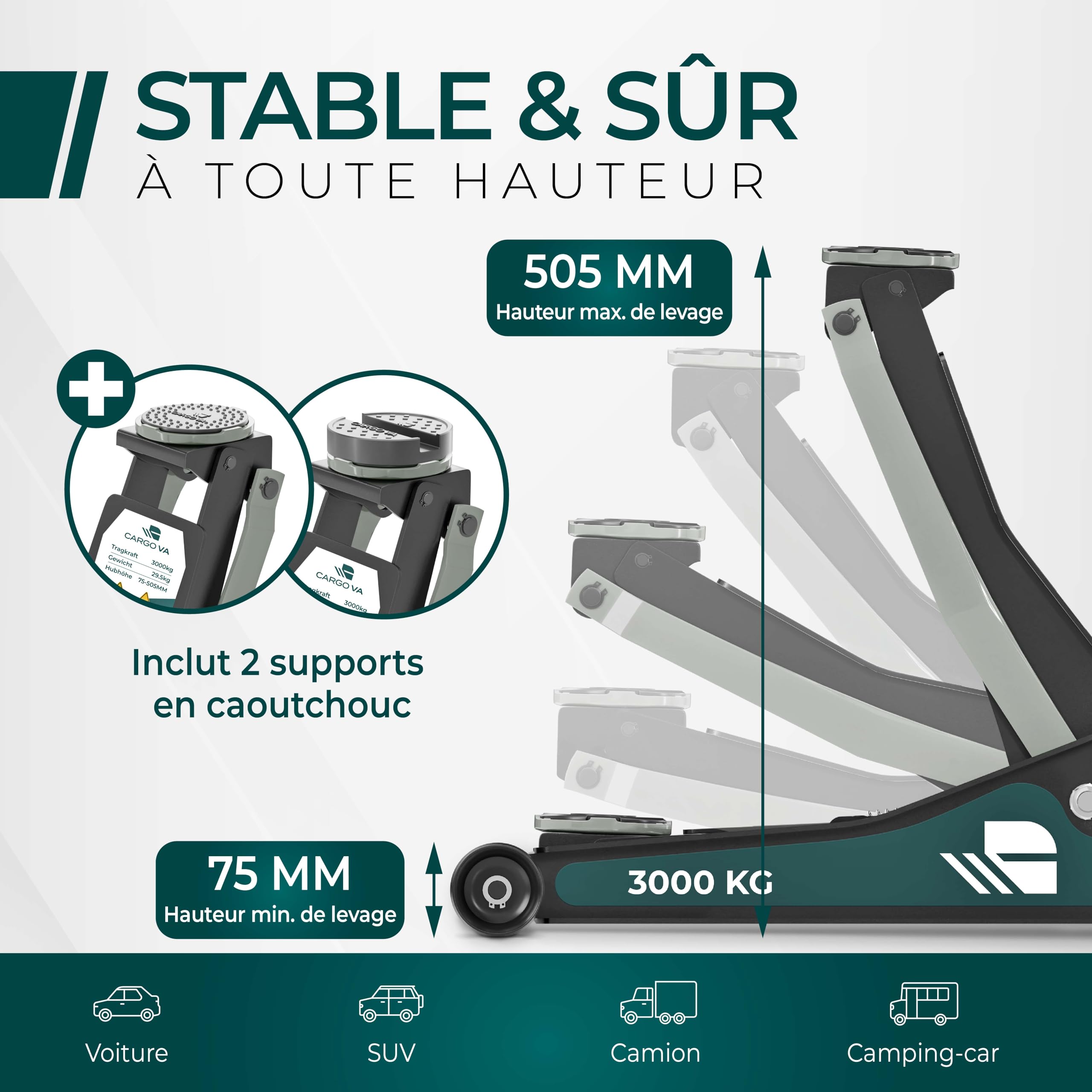 CargoVA Cric hydraulique 3T - Cric Plat avec Hauteur de Levage de 75 à 505 mm - Kit d'outils Professionnel avec Tapis de Genoux et 2 Patins en Caoutchouc - Idéal pour Les SUV et Les Voitures