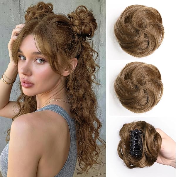 Paquete de 2 Horquillas para Moño Espacial Despeinado con Extensión de Pelo | Piezas de Pelo Postizo para Moños con Doble Clip para Recogidos, Accesorios para Mujeres y Niñas Cosplay Marrón