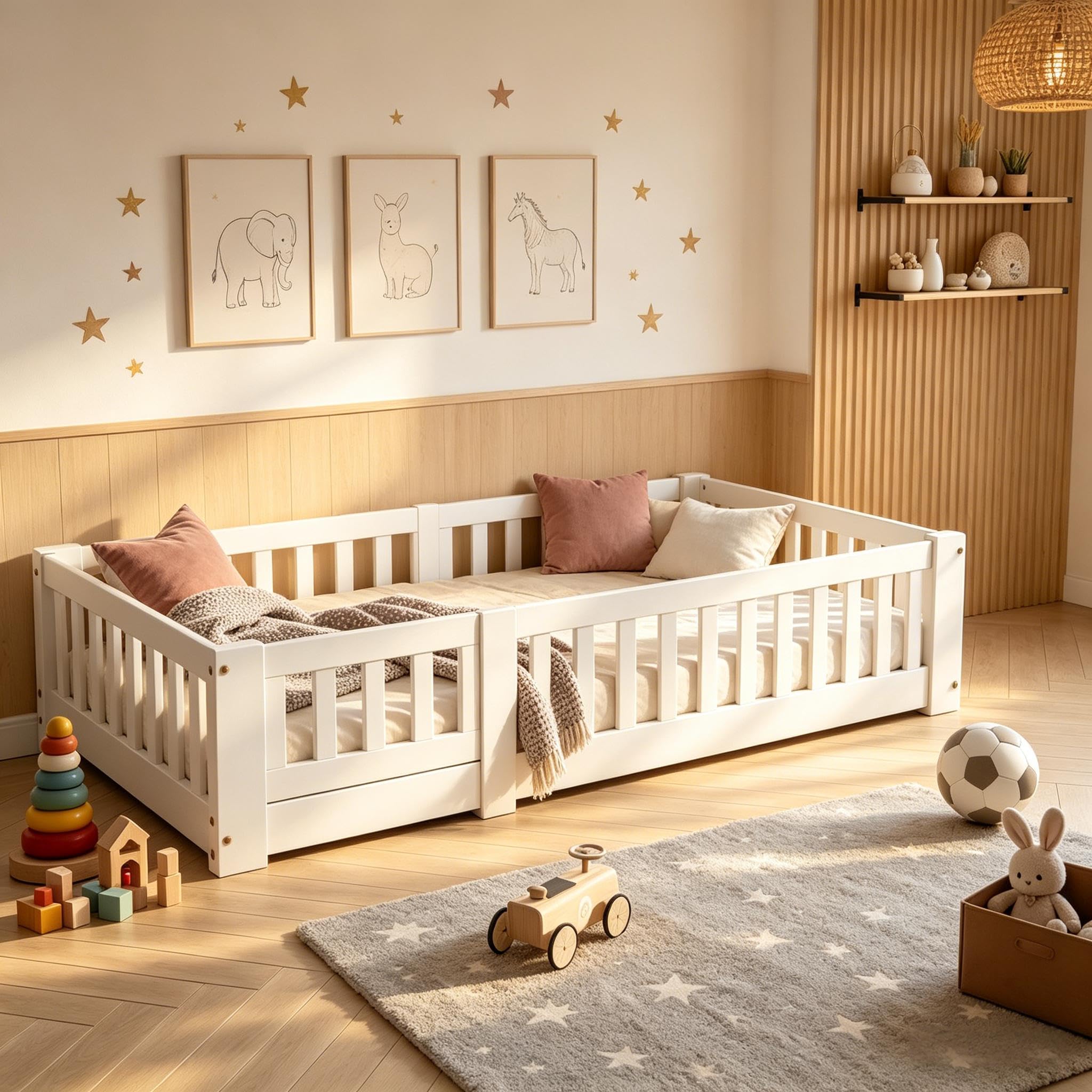 PerGar Cama Infantil 80x160 cm con Valla y Puerta, Somier, Madera Maciza Blanca