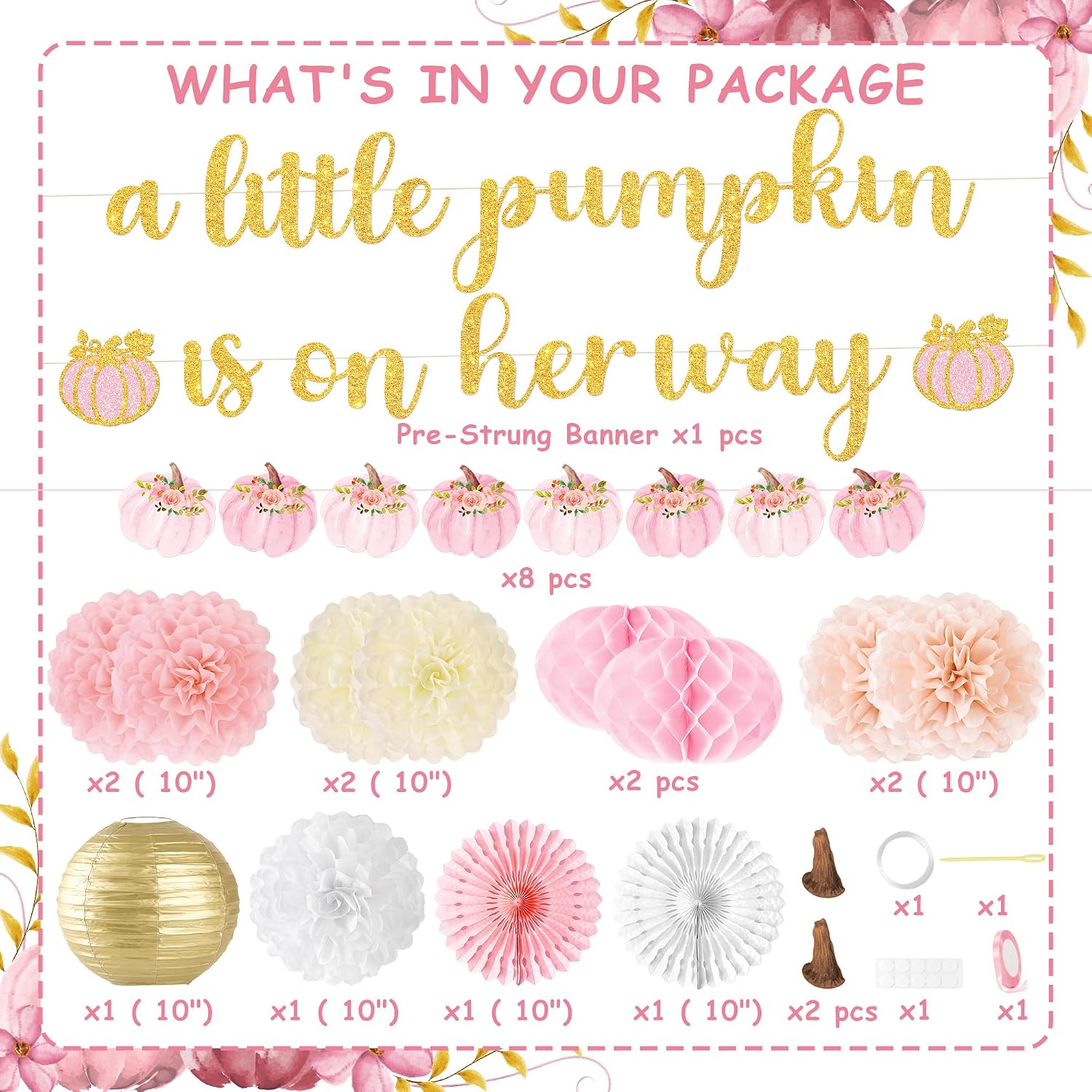 Kriyokiaa Little Pumpkin Baby Shower Decorations for Girl 15 Pcs Pink Fall Baby Shower Decorations with A Little Pumpkin is On Her Way Banner, Tissue Pom-Poms, Paper Lantern for It's a Girl Party
